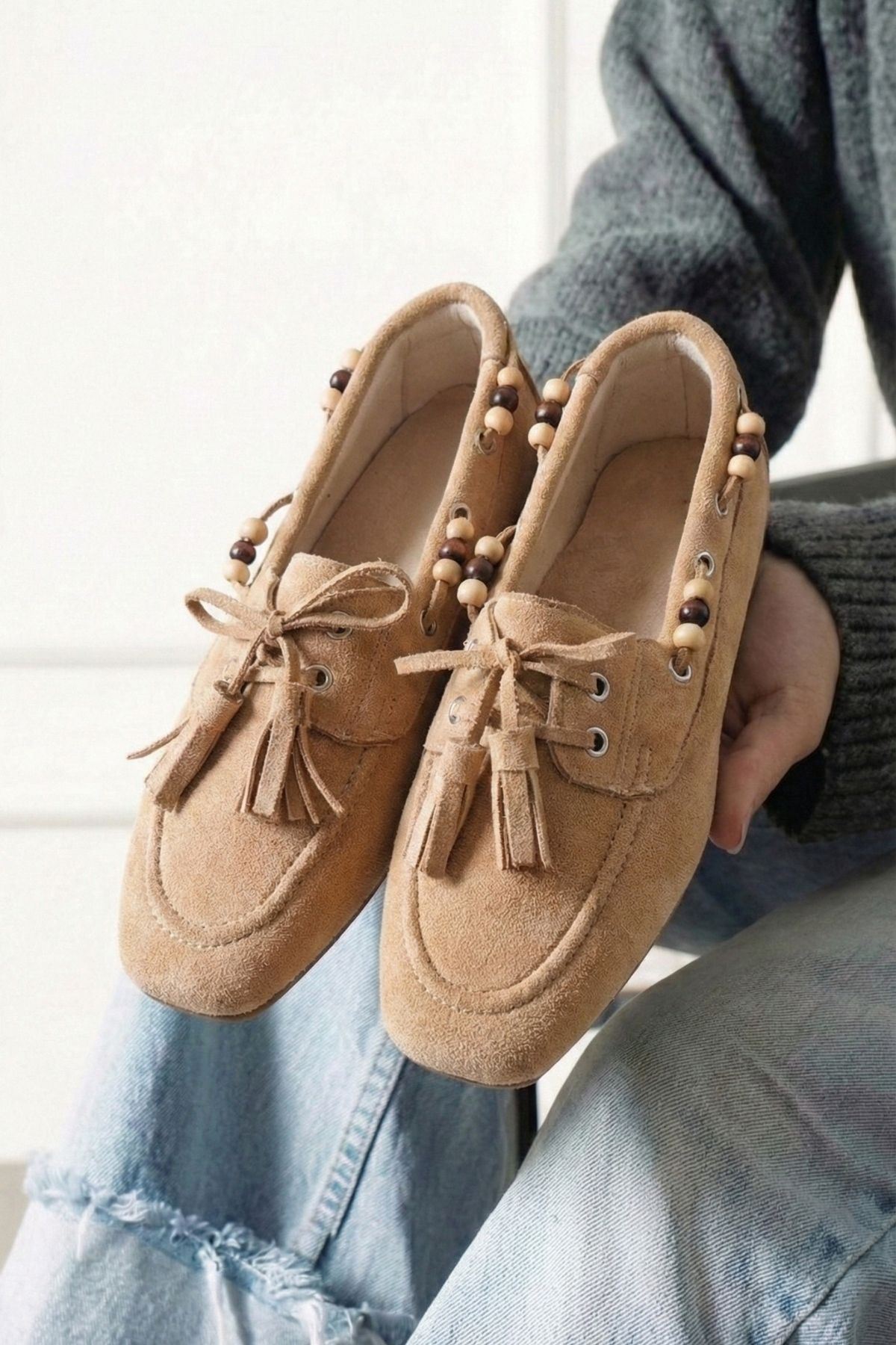 Tessora Vizon Süet Boncuk Detaylı Püsküllü Bağcıklı Loafer Babet Günlük Ayakkabı