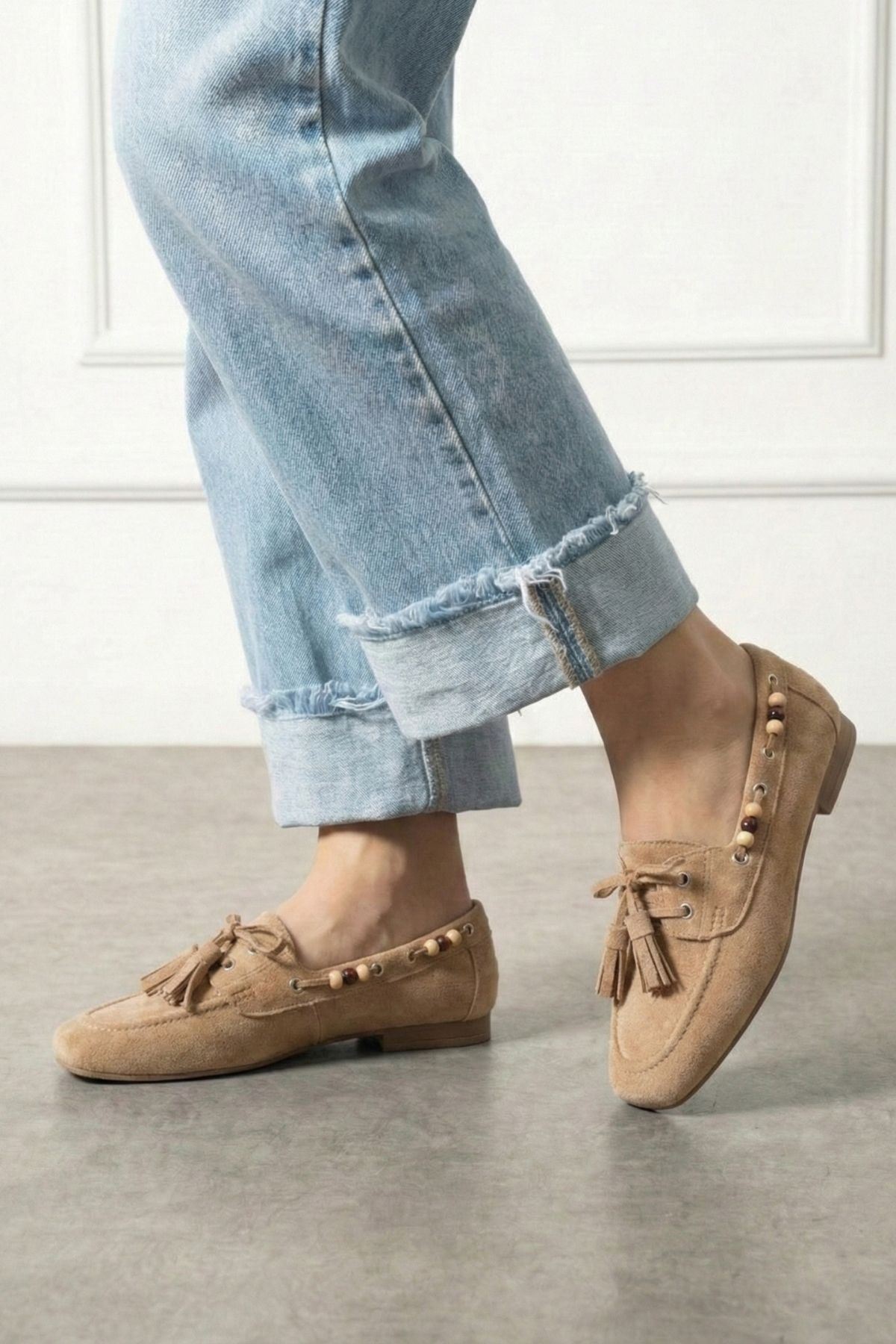 Tessora Vizon Süet Boncuk Detaylı Püsküllü Bağcıklı Loafer Babet Günlük Ayakkabı