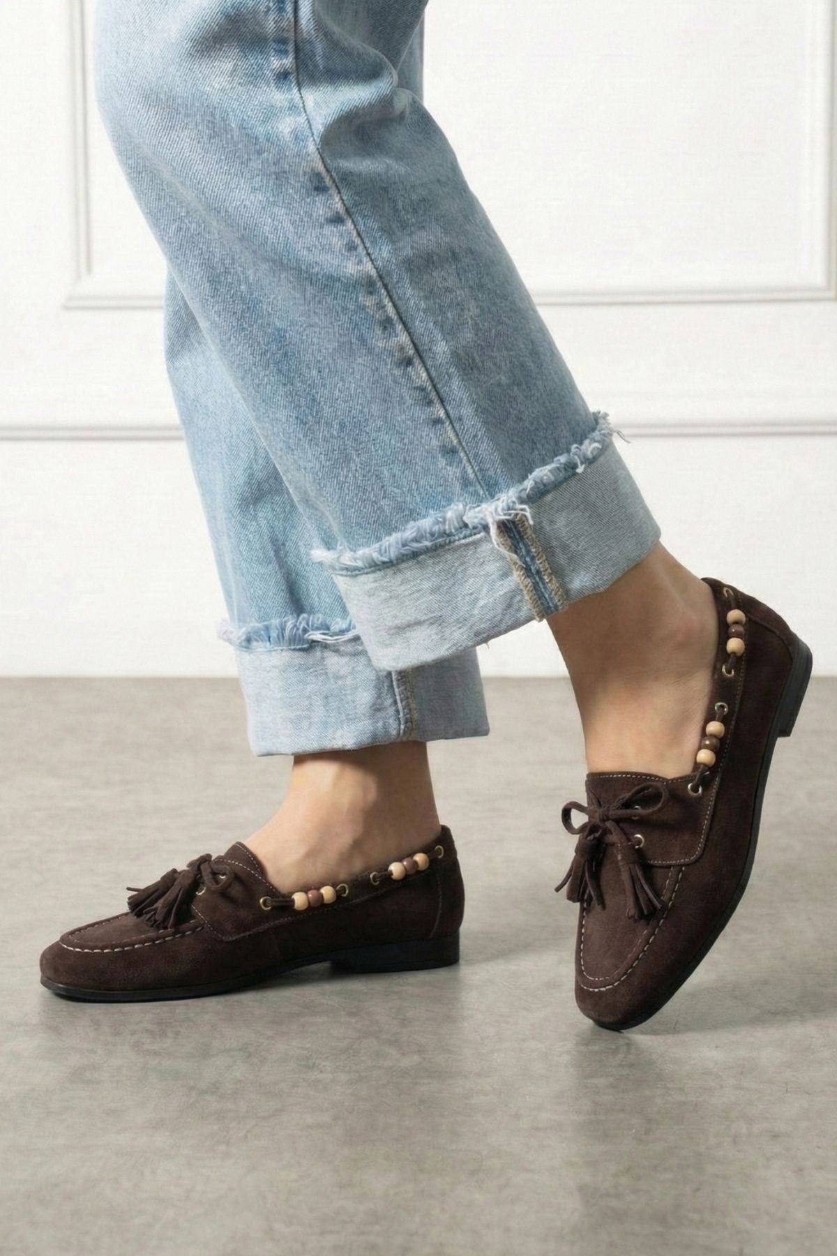 Tessora Kahverengi Süet Boncuk Detaylı Püsküllü Bağcıklı Loafer Babet Günlük Ayakkabı