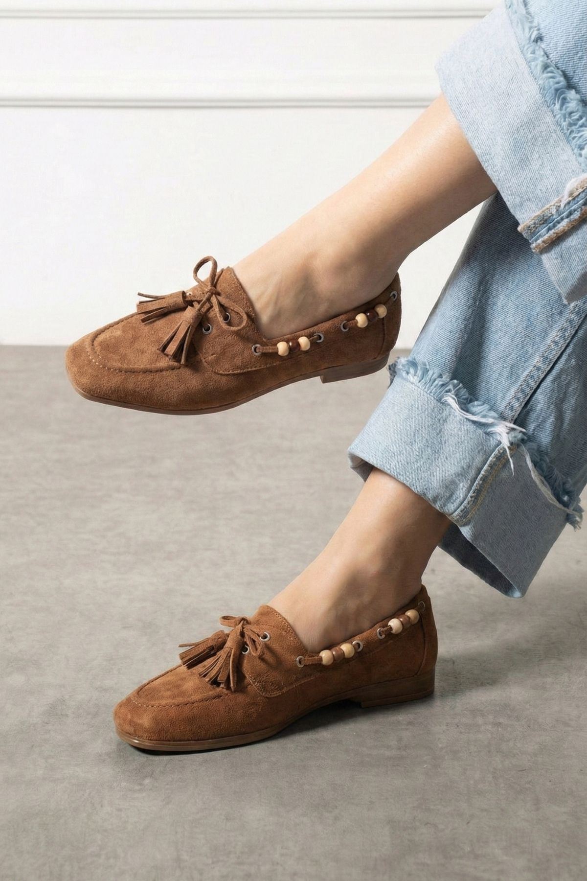 Tessora Taba Süet Boncuk Detaylı Püsküllü Bağcıklı Loafer Babet Günlük Ayakkabı