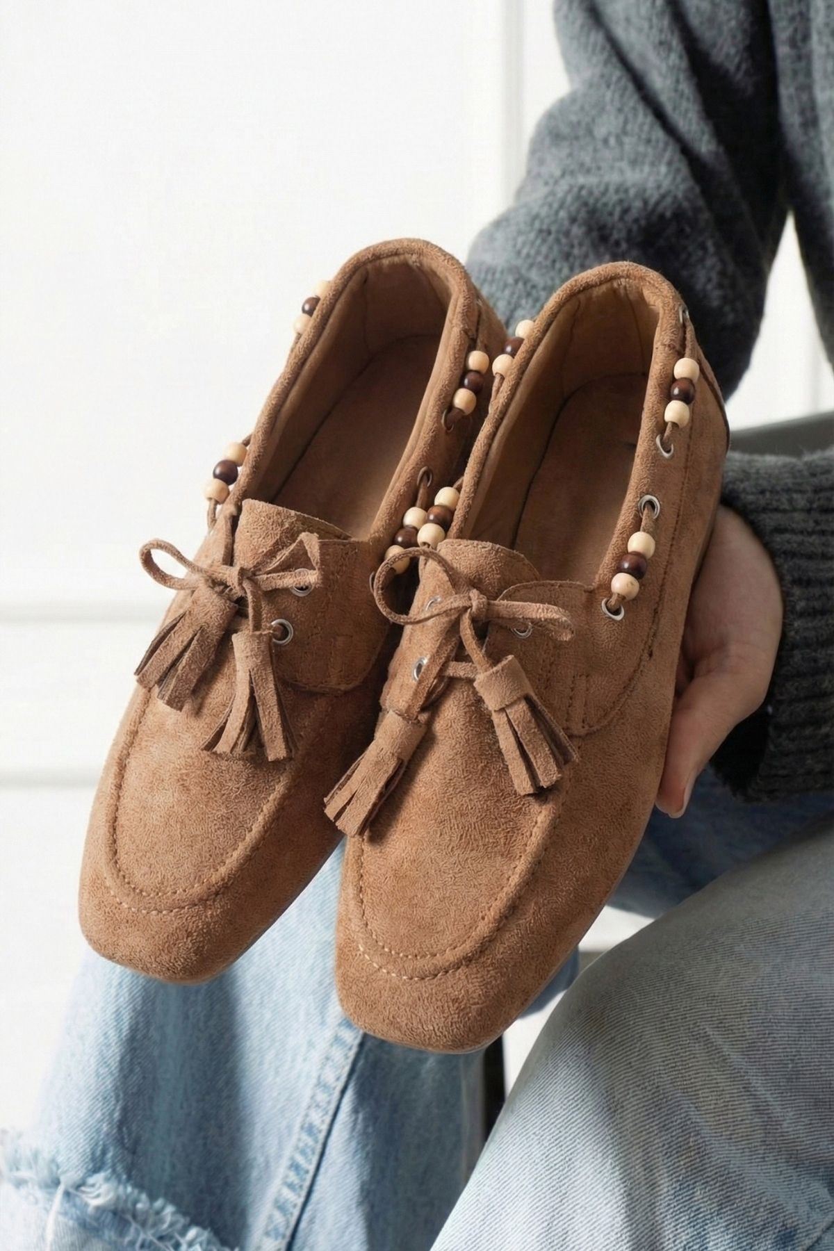 Tessora Taba Süet Boncuk Detaylı Püsküllü Bağcıklı Loafer Babet Günlük Ayakkabı