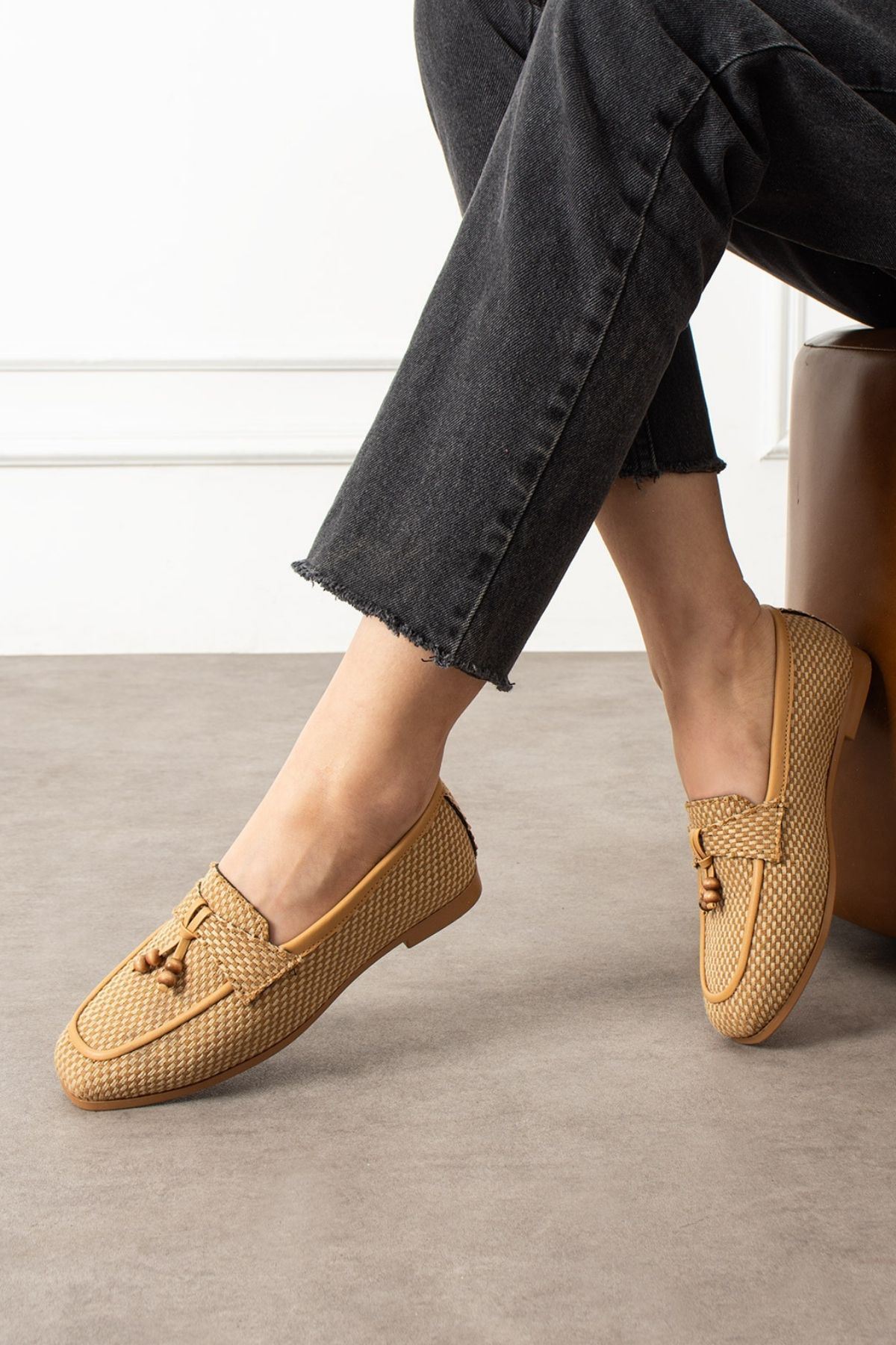 Padova Damalı Vizon Püsküllü Ahşap Boncuk Detaylı Loafer Babet Günlük Ayakkabı