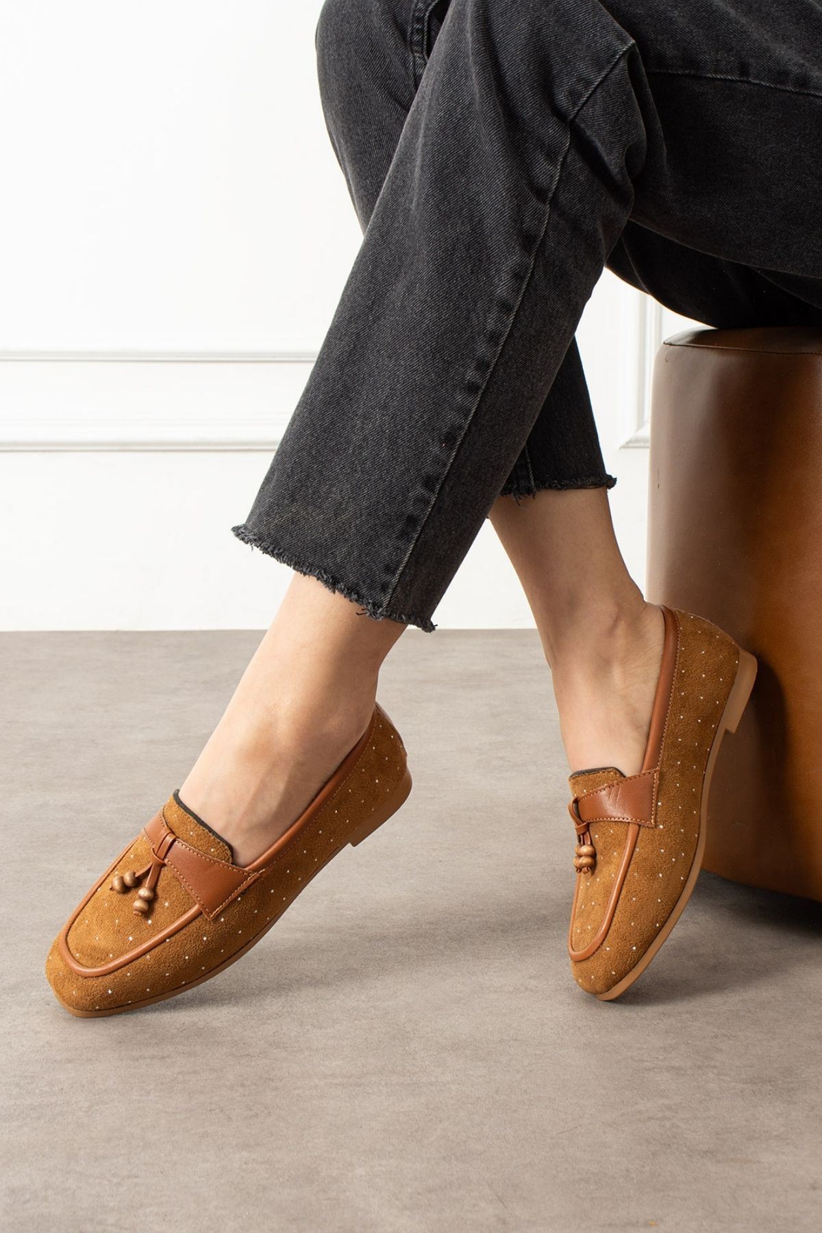 Padova Taba Mini Taşlı Püsküllü Ahşap Boncuk Detaylı Loafer Babet Günlük Ayakkabı