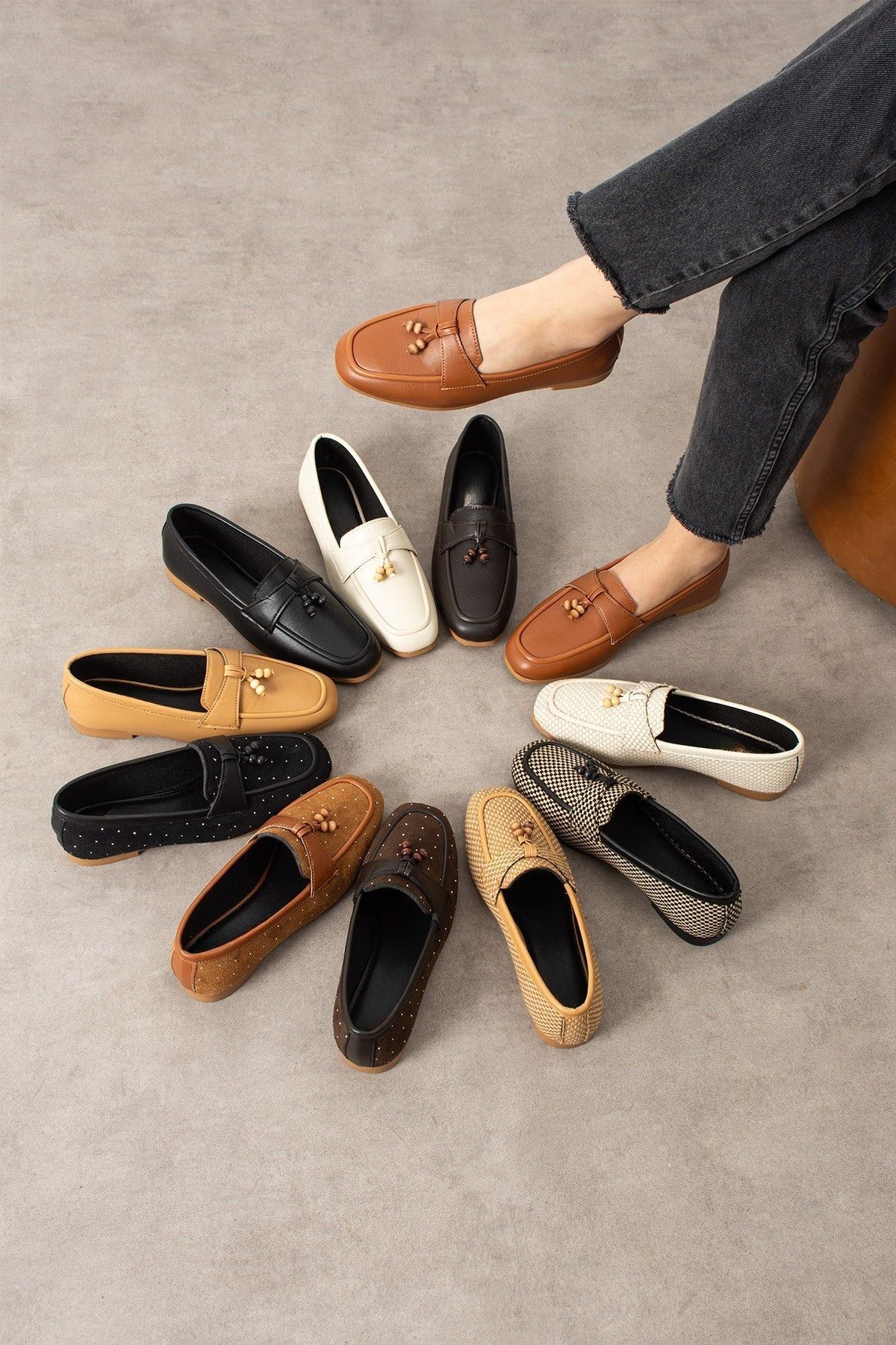 Padova Damalı Bej Püsküllü Ahşap Boncuk Detaylı Loafer Babet Günlük Ayakkabı