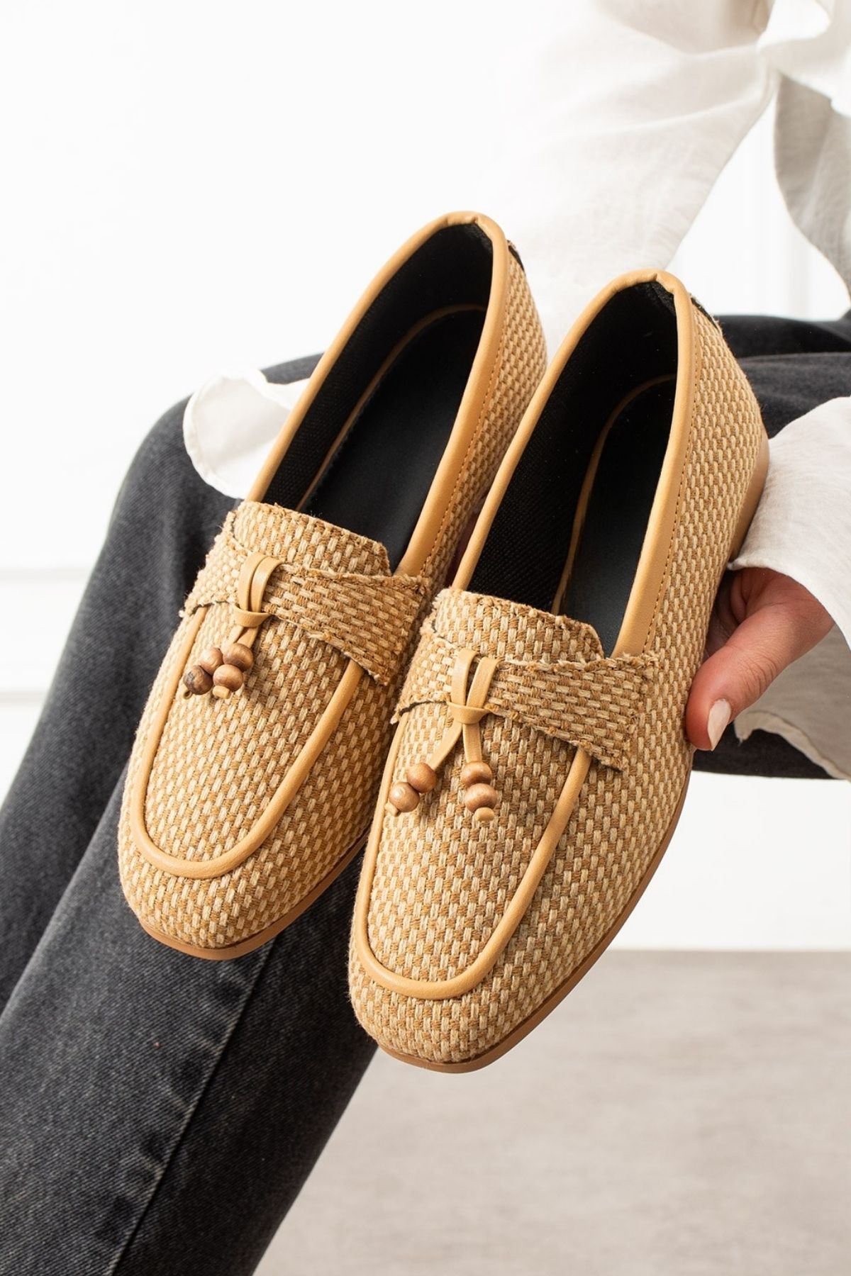 Padova Damalı Vizon Püsküllü Ahşap Boncuk Detaylı Loafer Babet Günlük Ayakkabı