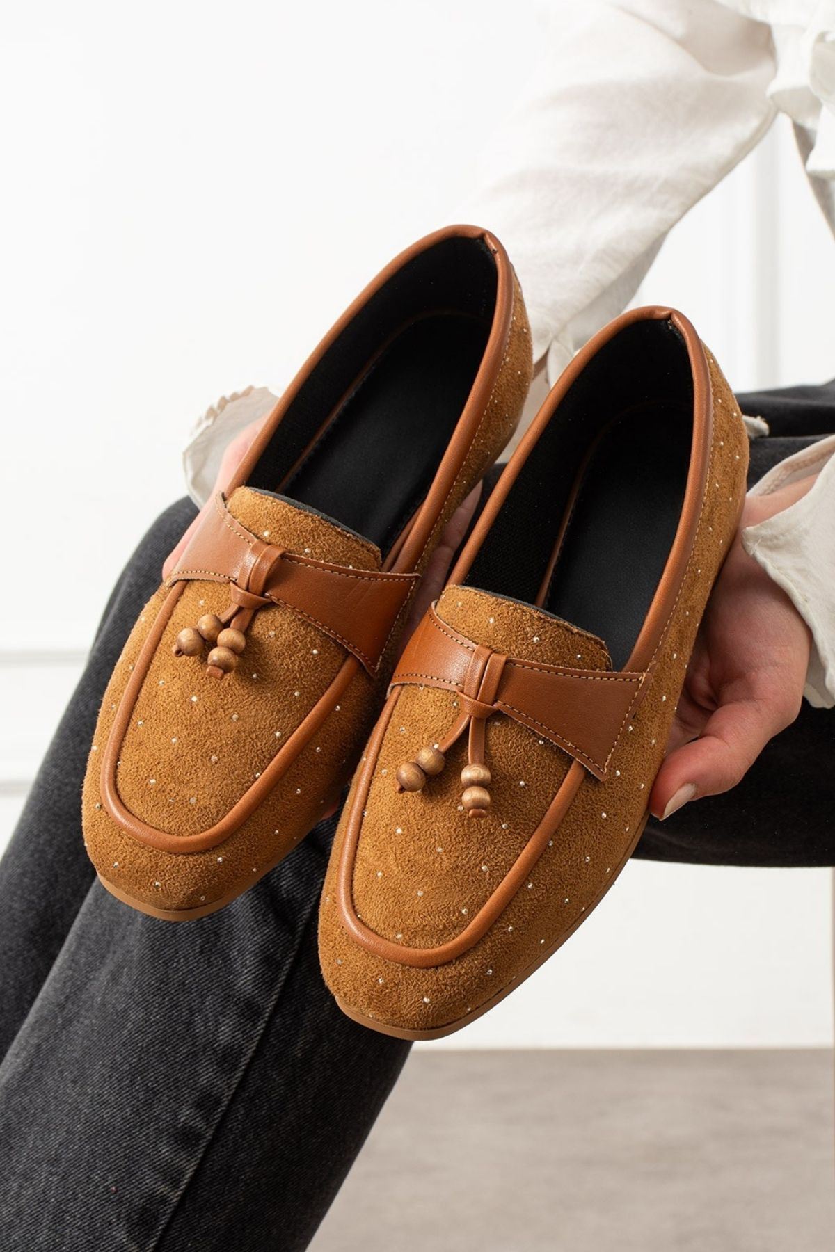Padova Taba Mini Taşlı Püsküllü Ahşap Boncuk Detaylı Loafer Babet Günlük Ayakkabı