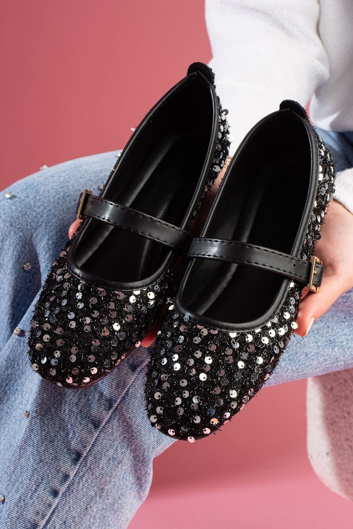 Aurora Siyah Gümüş Pullu Payetli Gold Tokalı Tek Bant Babet