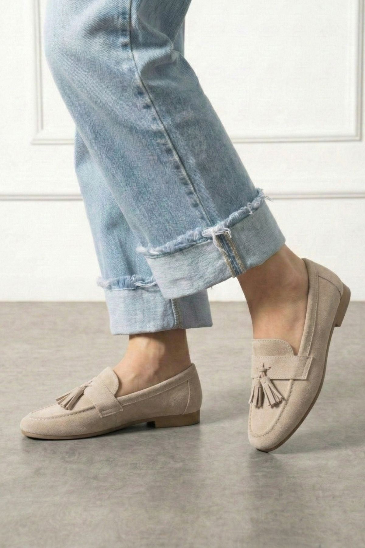 Savona Bej Süet Püskül Detaylı Loafer Babet Günlük Ayakkabı