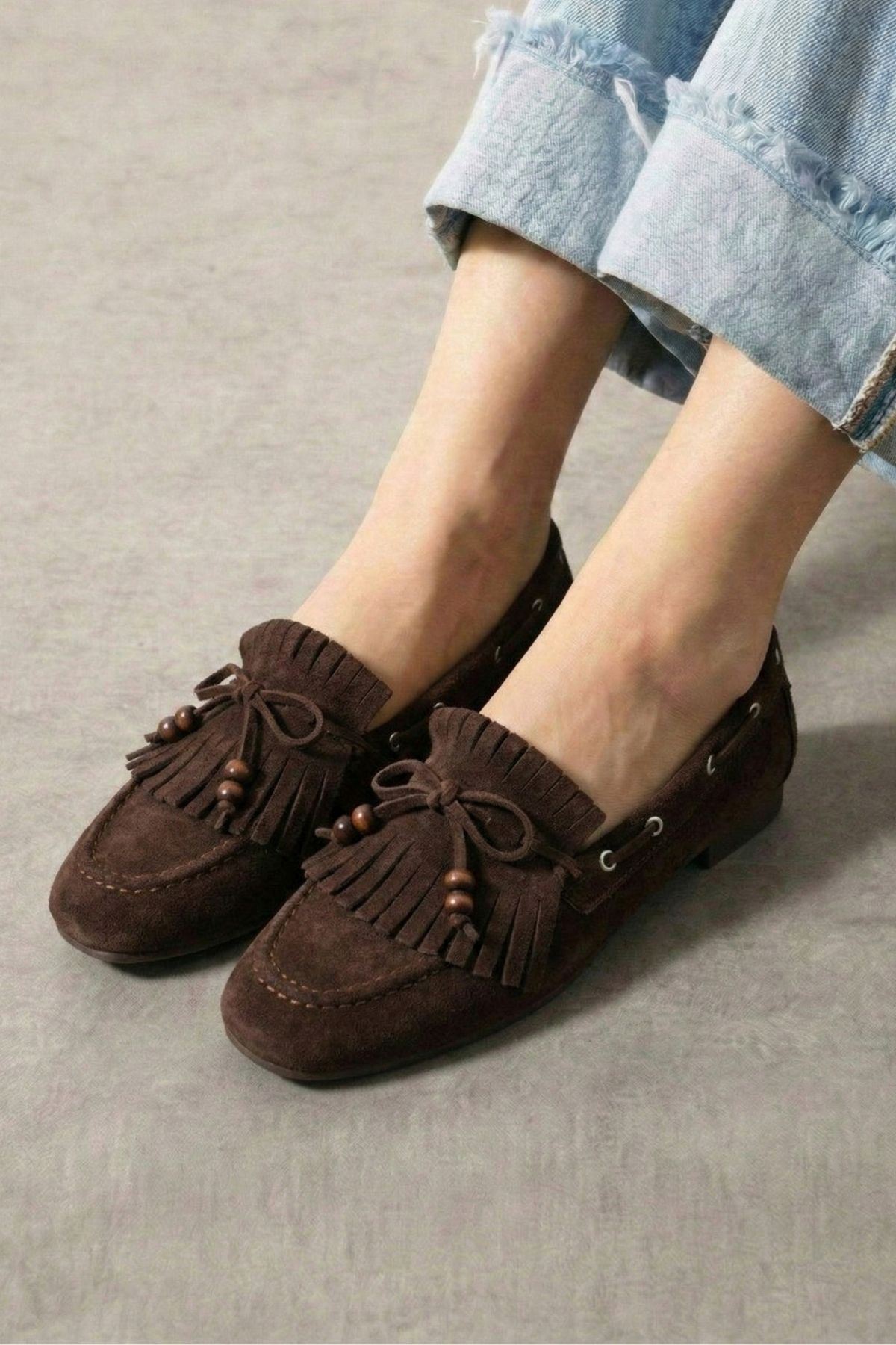 Ravello Kahverengi Süet Boncuk Detaylı Püsküllü Bağcıklı Loafer Babet Günlük Ayakkabı