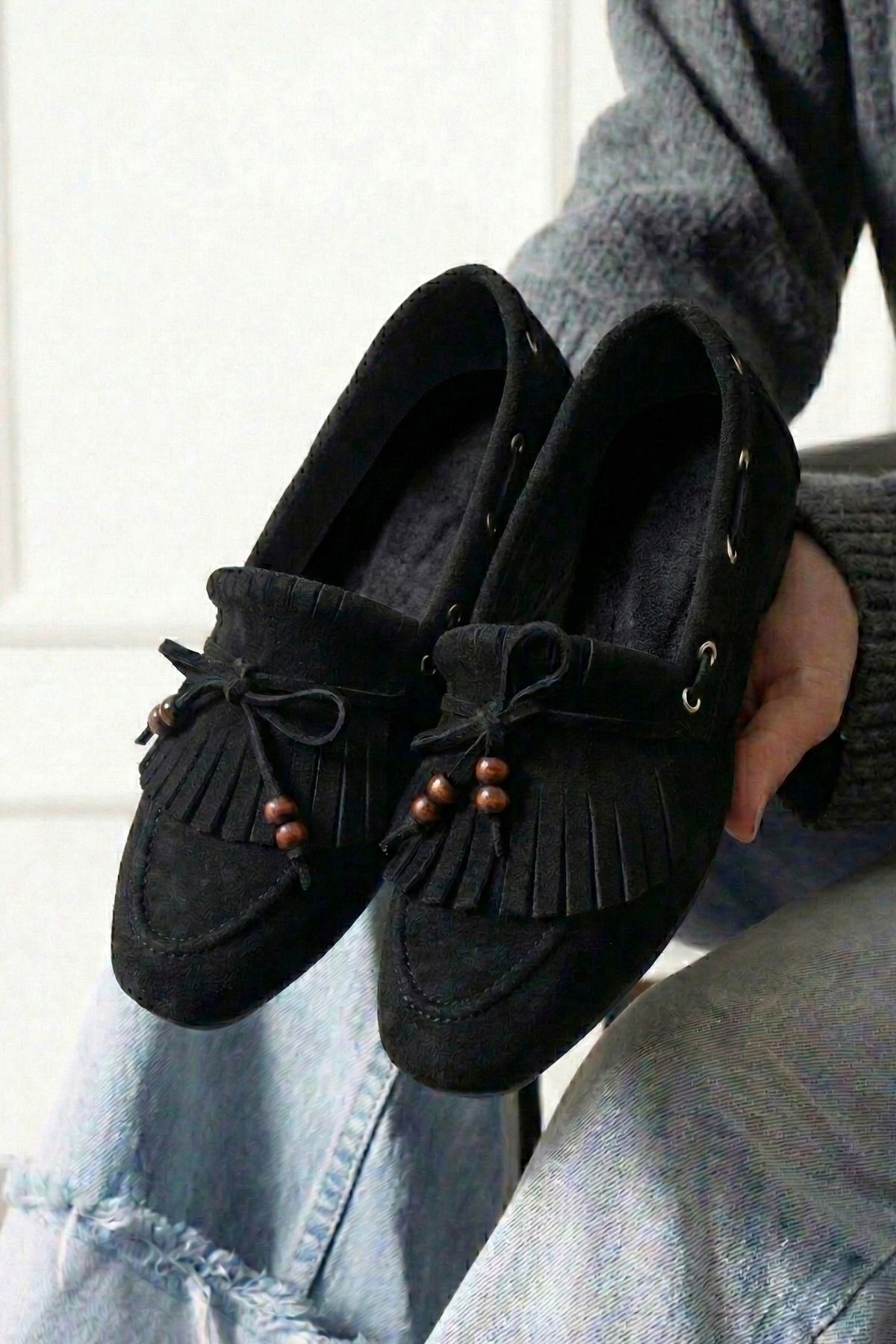 Ravello Siyah Süet Boncuk Detaylı Püsküllü Bağcıklı Loafer Babet Günlük Ayakkabı