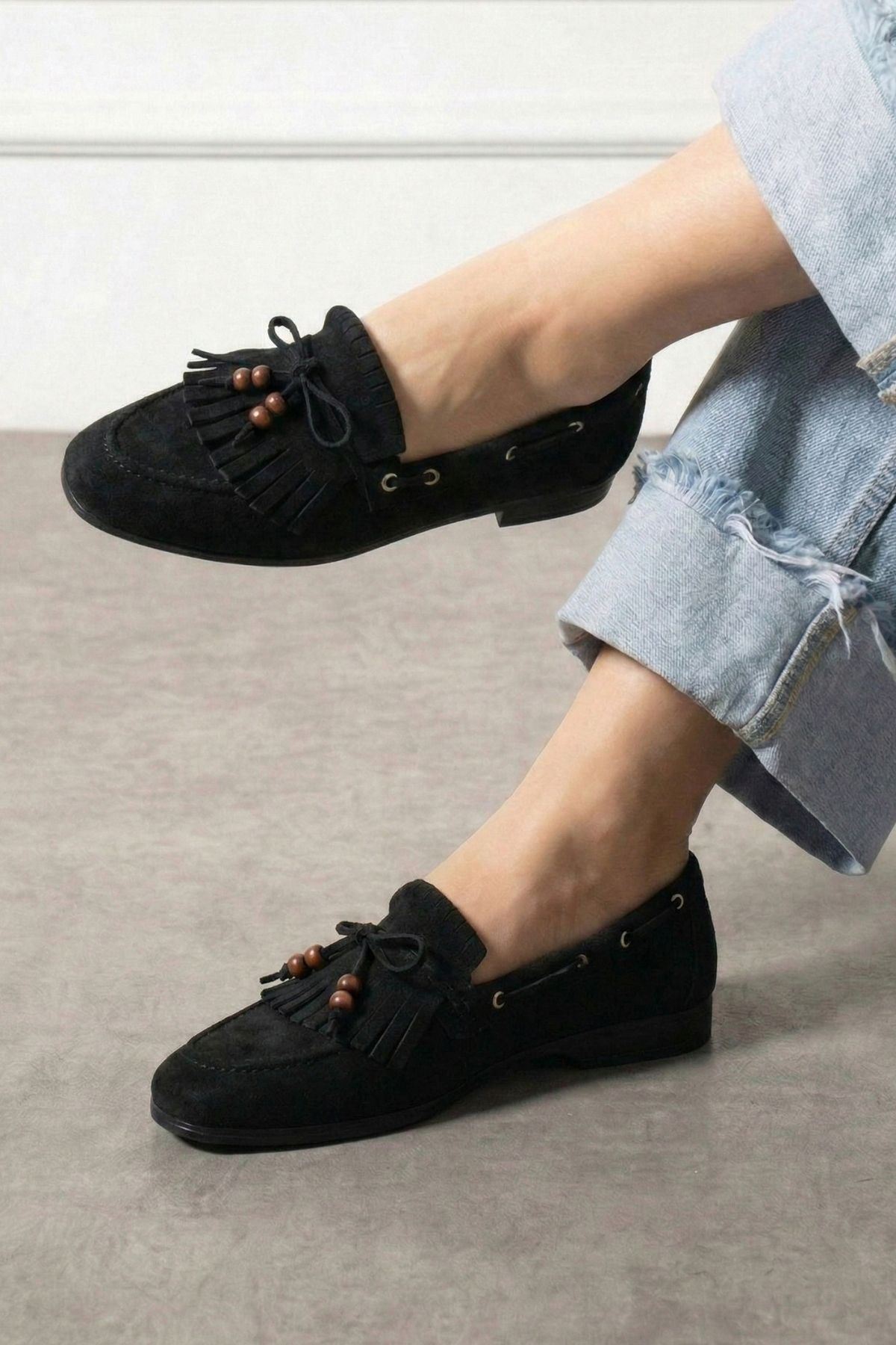 Ravello Siyah Süet Boncuk Detaylı Püsküllü Bağcıklı Loafer Babet Günlük Ayakkabı