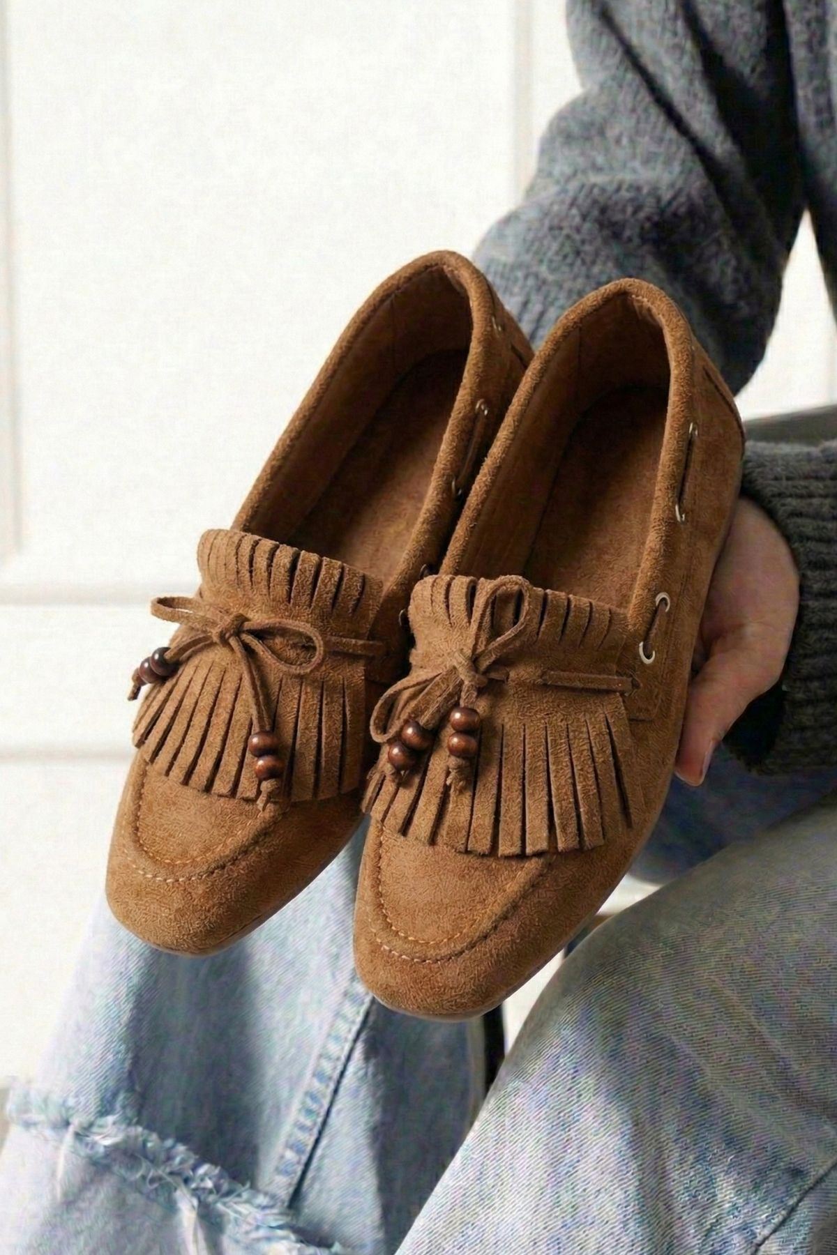Ravello Taba Süet Boncuk Detaylı Püsküllü Bağcıklı Loafer Babet Günlük Ayakkabı