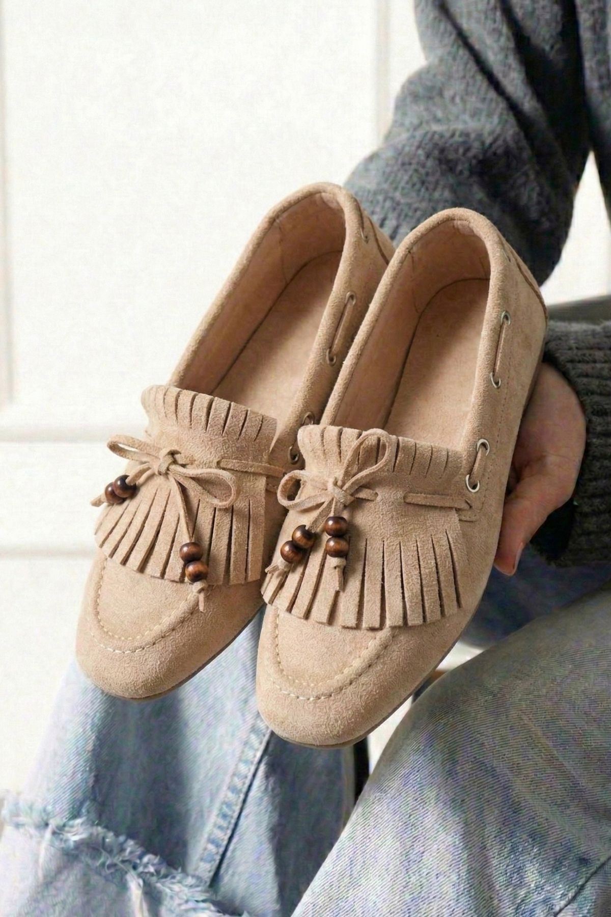 Ravello Vizon Süet Boncuk Detaylı Püsküllü Bağcıklı Loafer Babet Günlük Ayakkabı