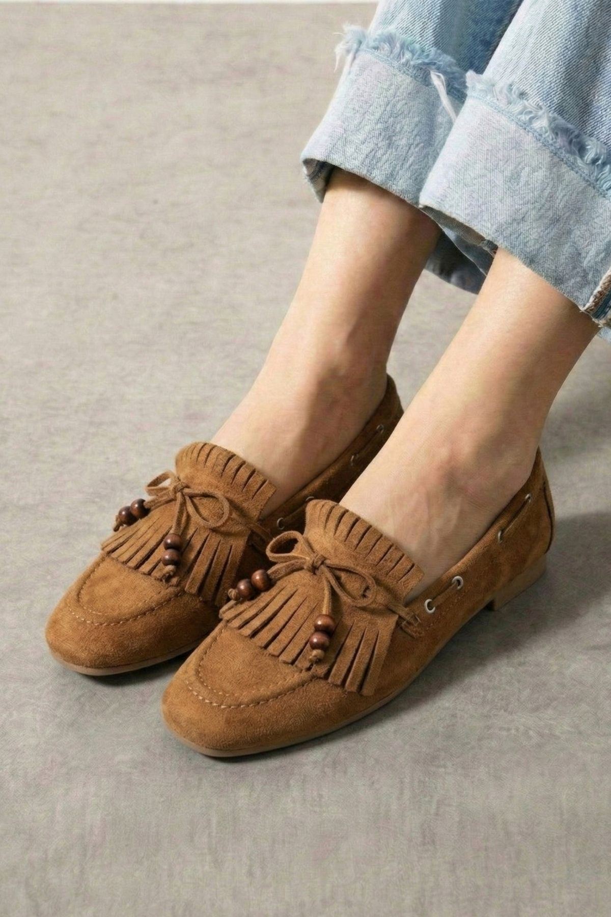 Ravello Taba Süet Boncuk Detaylı Püsküllü Bağcıklı Loafer Babet Günlük Ayakkabı