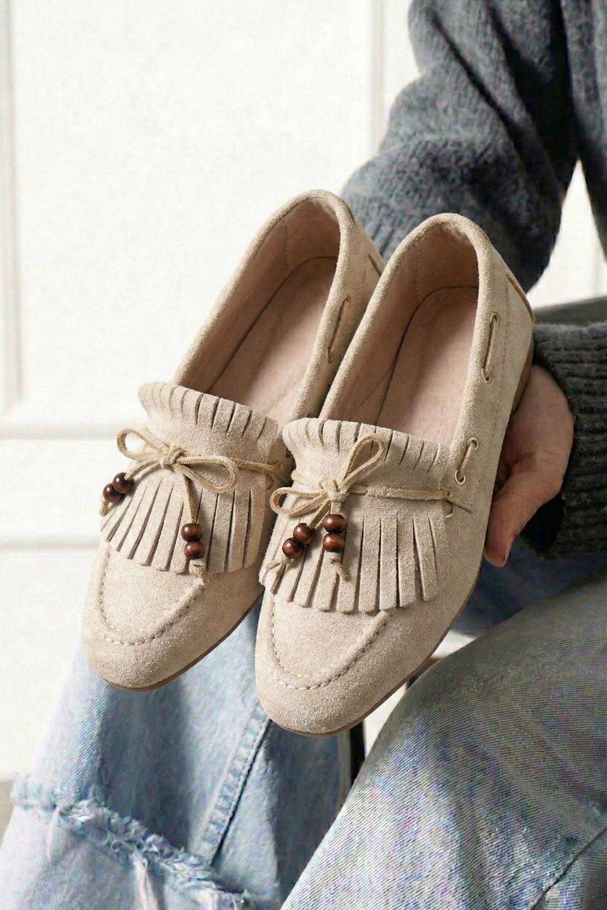 Ravello Bej Süet Boncuk Detaylı Püsküllü Bağcıklı Loafer Babet Günlük Ayakkabı
