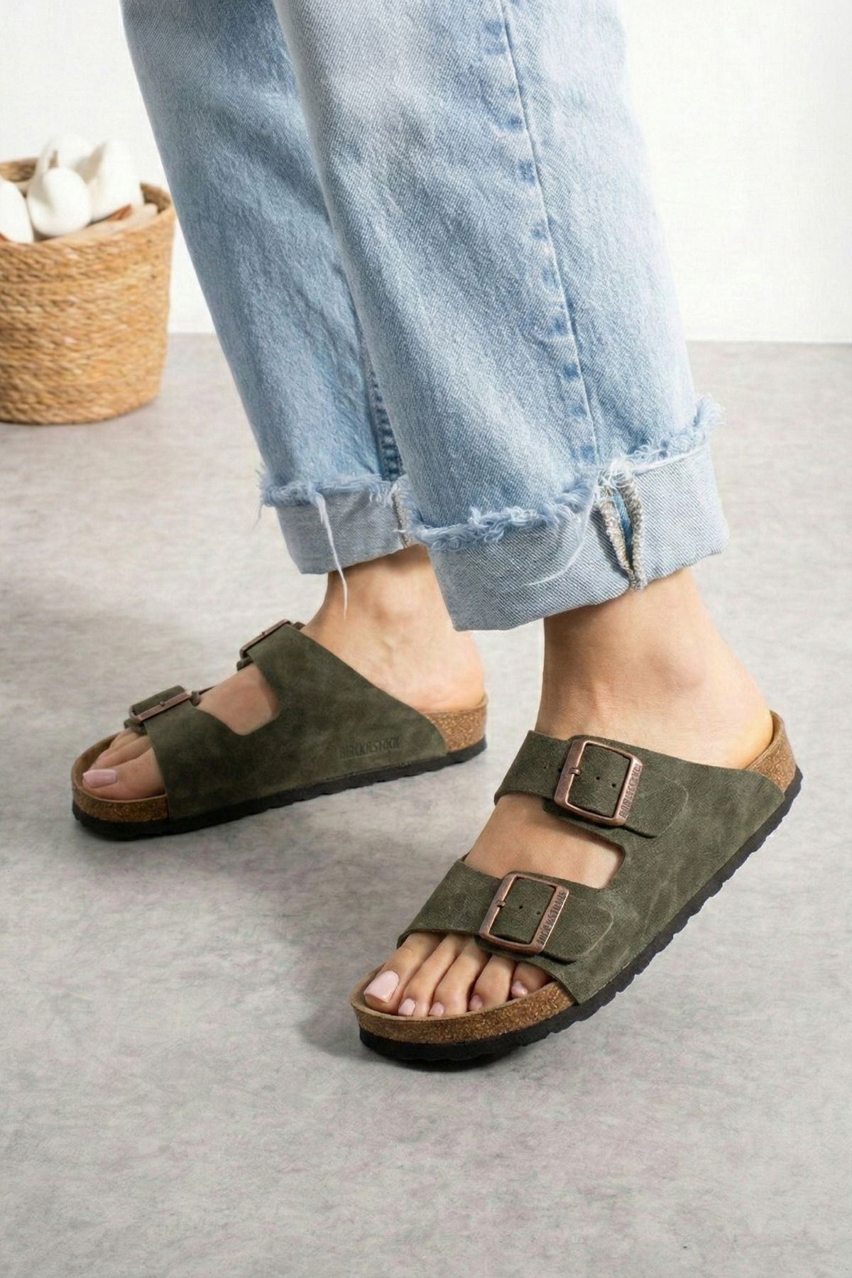 Arona Haki Nubuk Çift Bantlı Ortopedik Mantar Taban Premium Terlik