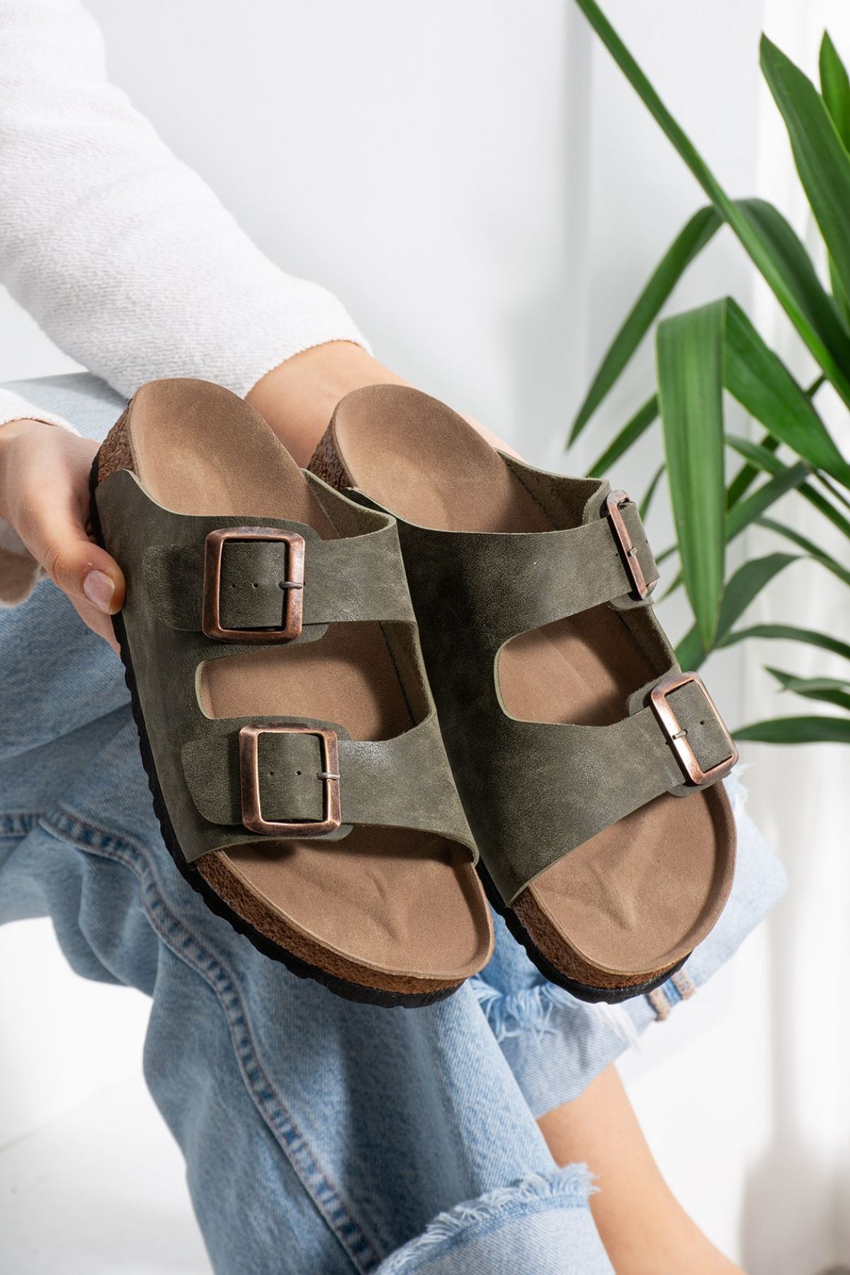 Arona Haki Nubuk Çift Bantlı Ortopedik Mantar Taban Premium Terlik