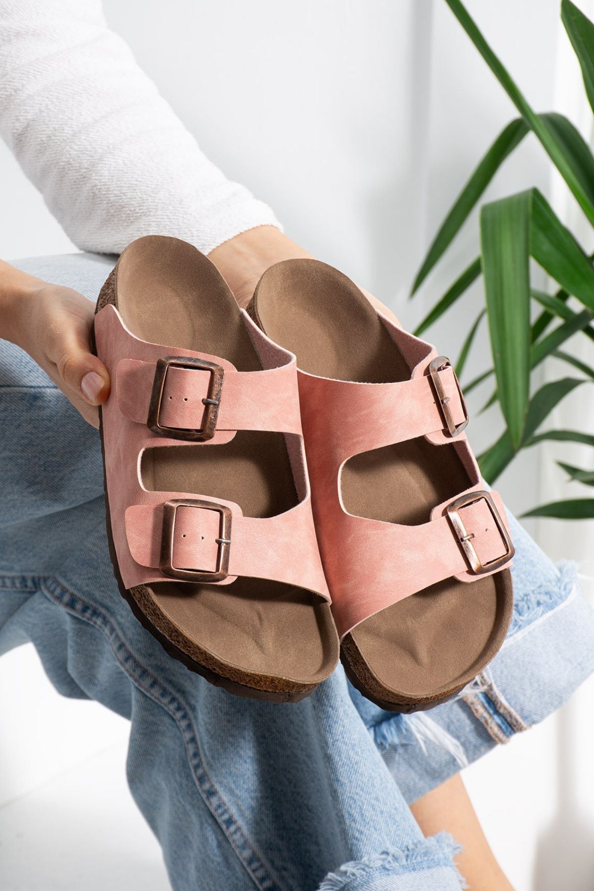 Arona Pudra Nubuk Çift Bantlı Ortopedik Mantar Taban Premium Terlik