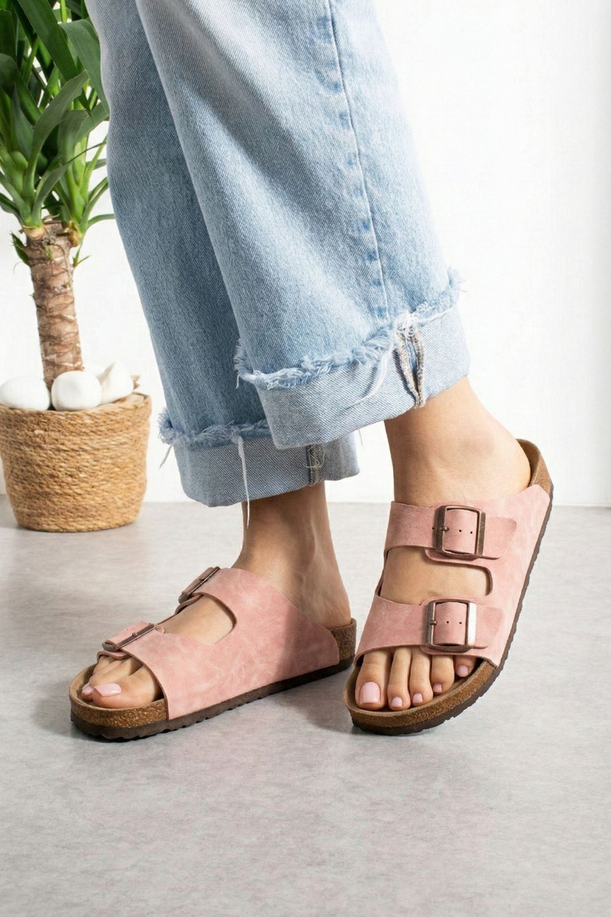 Arona Pudra Nubuk Çift Bantlı Ortopedik Mantar Taban Premium Terlik