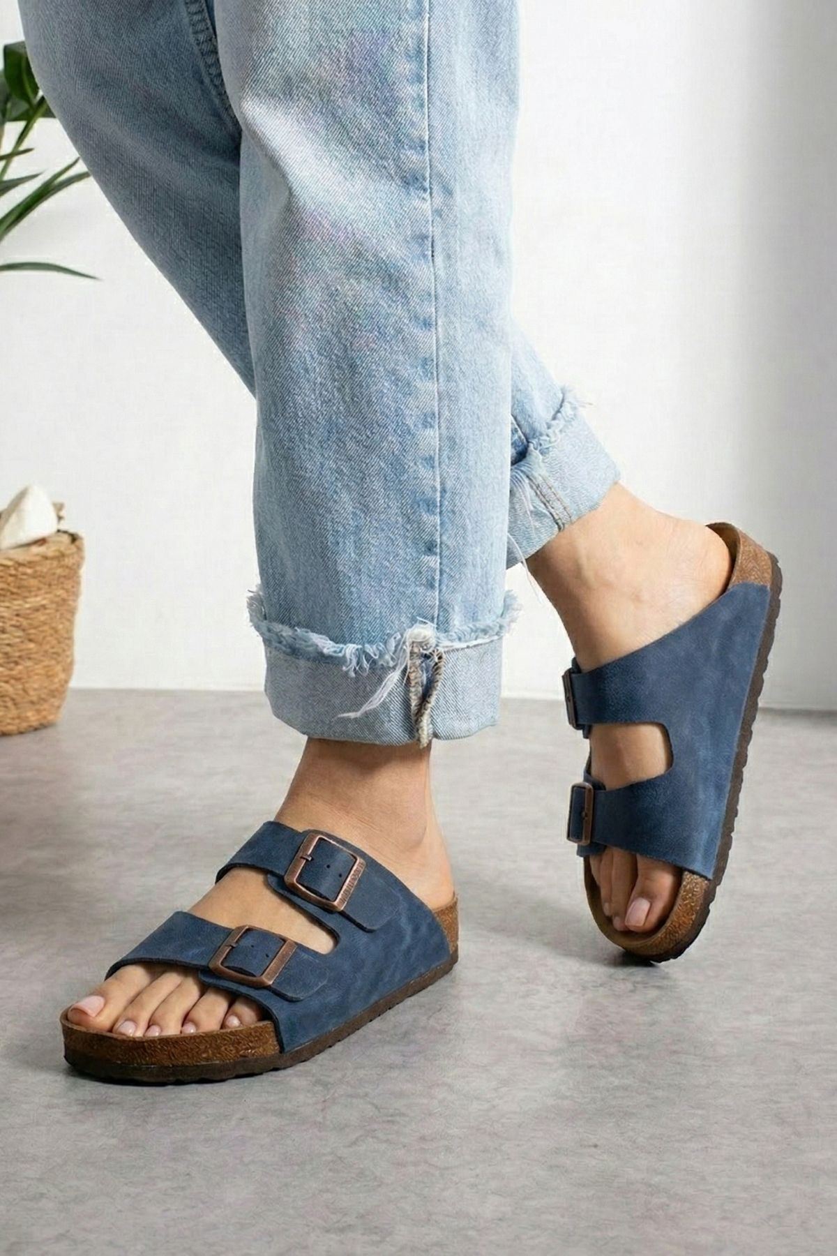 Arona Lacivert Nubuk Çift Bantlı Ortopedik Mantar Taban Premium Terlik