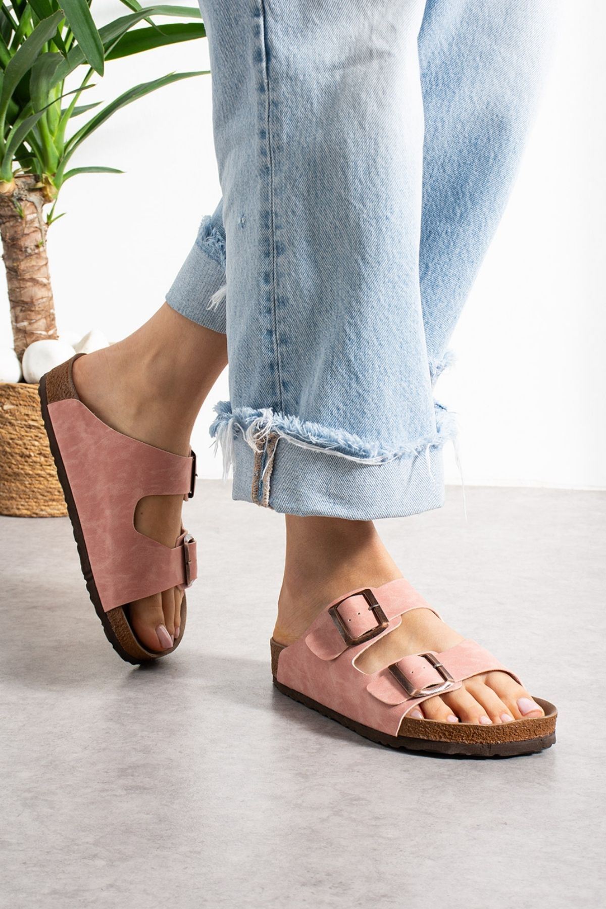 Arona Pudra Nubuk Çift Bantlı Ortopedik Mantar Taban Premium Terlik