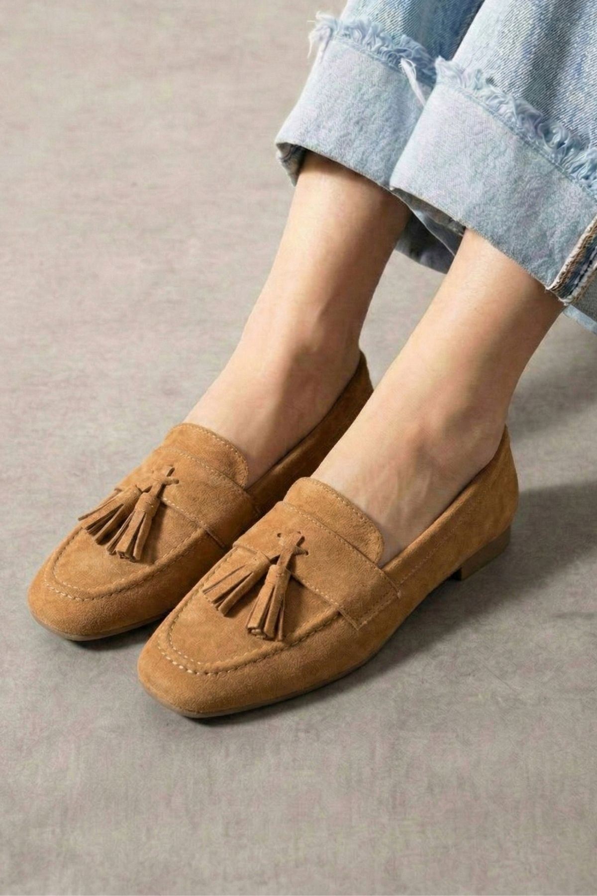 Savona Taba Süet Püskül Detaylı Loafer Babet Günlük Ayakkabı