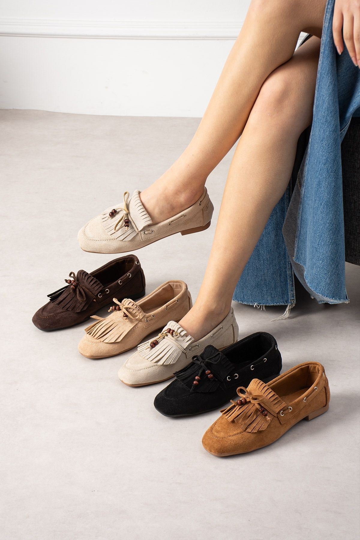 Ravello Siyah Süet Boncuk Detaylı Püsküllü Bağcıklı Loafer Babet Günlük Ayakkabı