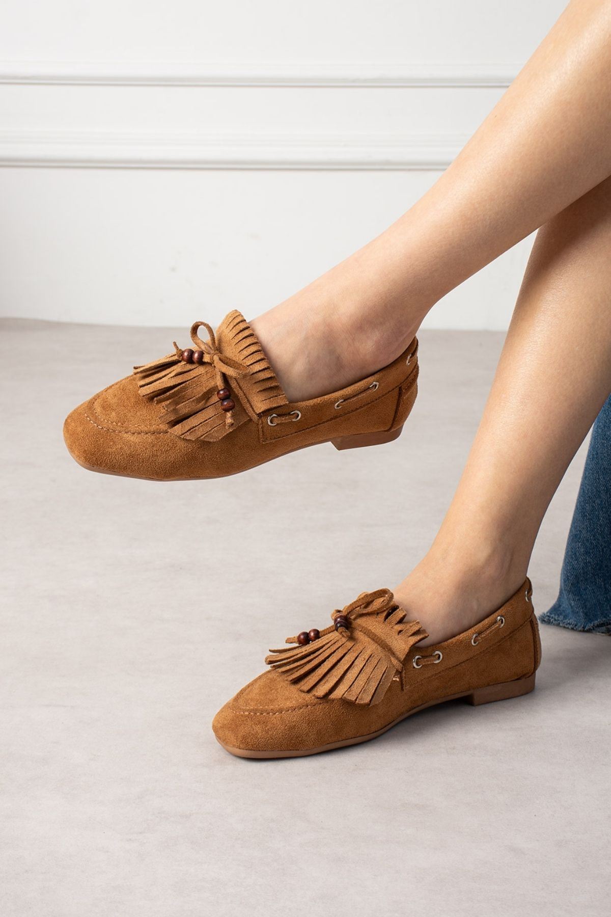 Ravello Taba Süet Boncuk Detaylı Püsküllü Bağcıklı Loafer Babet Günlük Ayakkabı