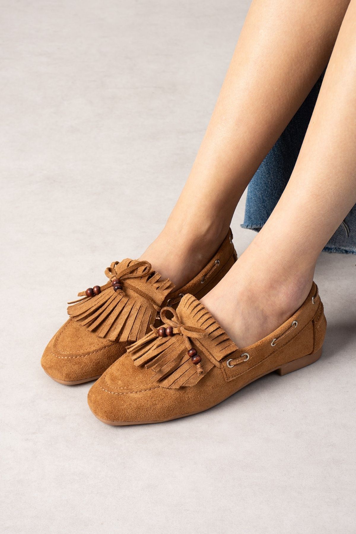 Ravello Taba Süet Boncuk Detaylı Püsküllü Bağcıklı Loafer Babet Günlük Ayakkabı