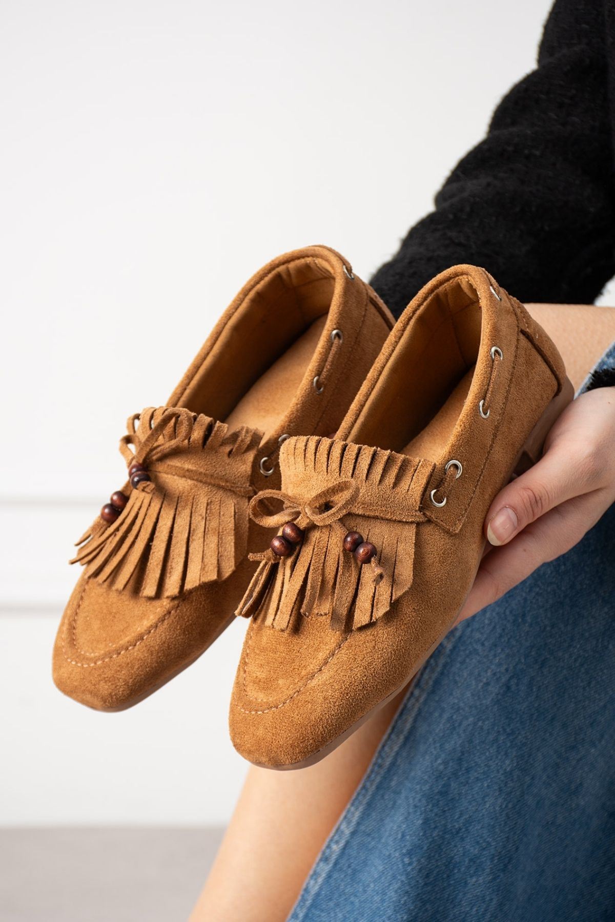 Ravello Taba Süet Boncuk Detaylı Püsküllü Bağcıklı Loafer Babet Günlük Ayakkabı