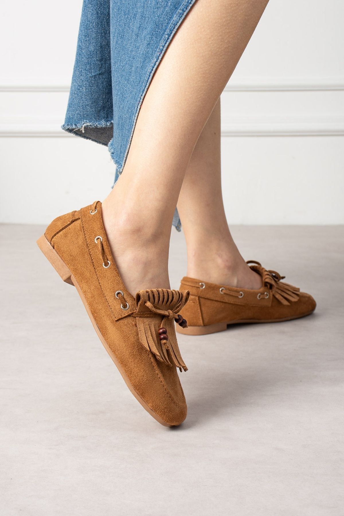 Ravello Taba Süet Boncuk Detaylı Püsküllü Bağcıklı Loafer Babet Günlük Ayakkabı