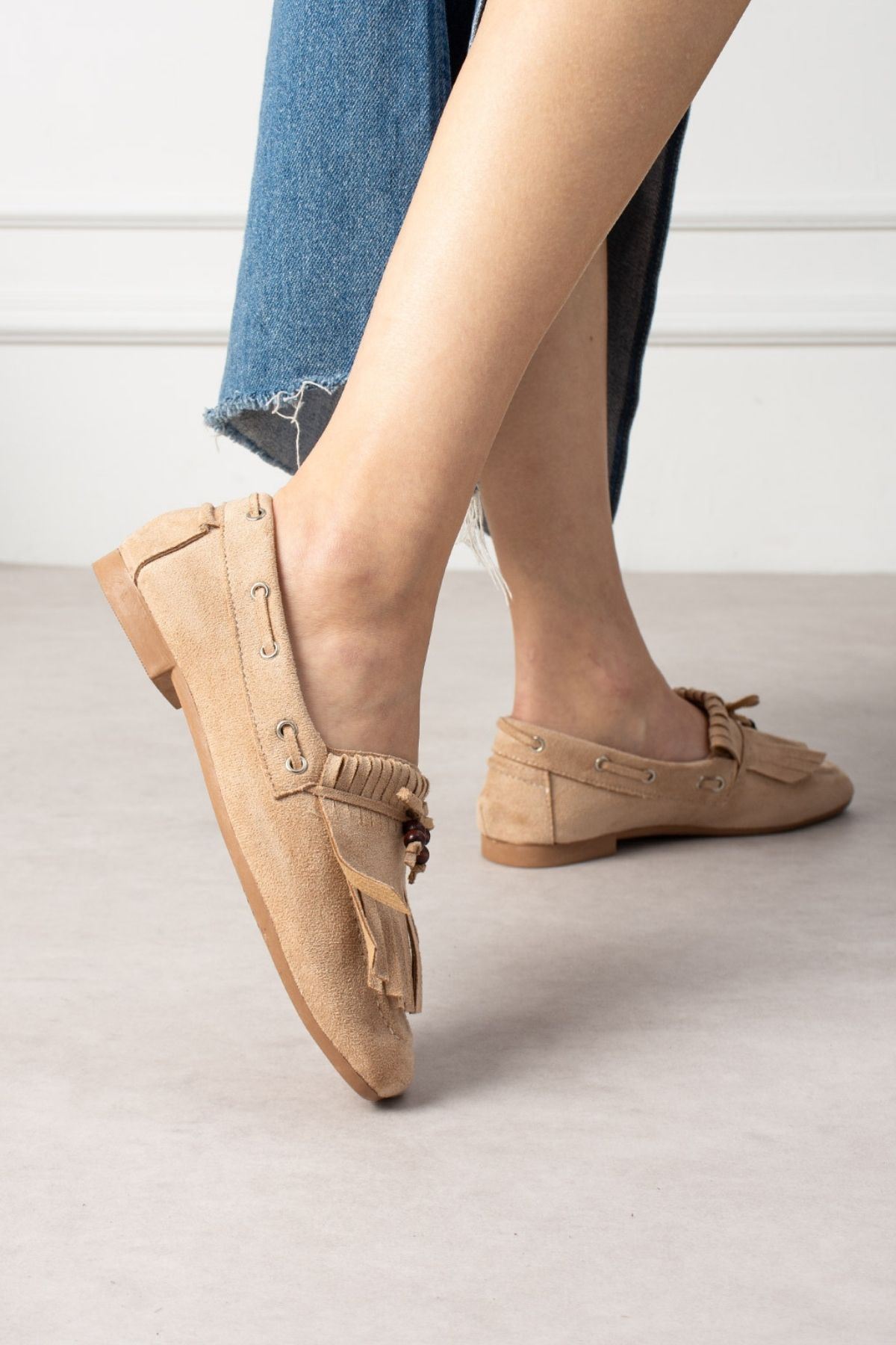 Ravello Vizon Süet Boncuk Detaylı Püsküllü Bağcıklı Loafer Babet Günlük Ayakkabı