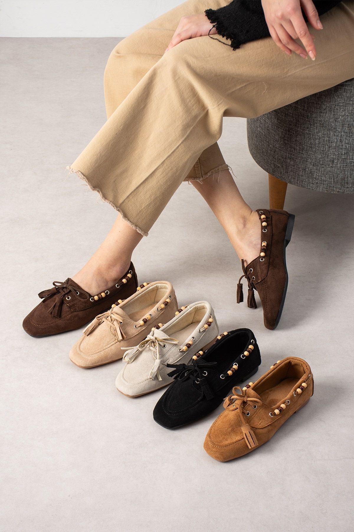 Tessora Siyah Süet Boncuk Detaylı Püsküllü Bağcıklı Loafer Babet Günlük Ayakkabı