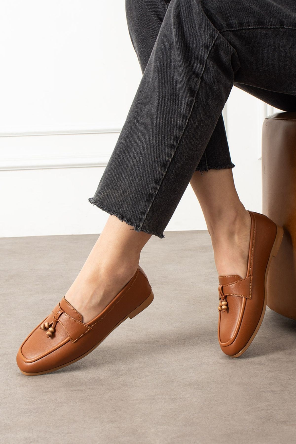 Padova Taba Cilt Püsküllü Ahşap Boncuk Detaylı Loafer Babet Günlük Ayakkabı