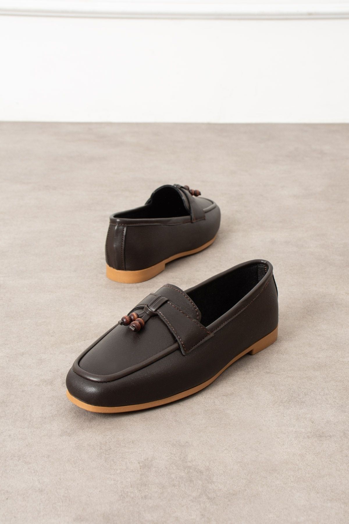 Padova Kahverengi Cilt Püsküllü Ahşap Boncuk Detaylı Loafer Babet Günlük Ayakkabı