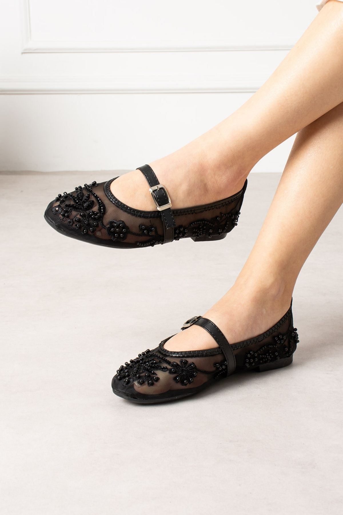 Kaira Siyah Tül Nakışlı Boncuk İşlemeli Kemerli Premium Babet