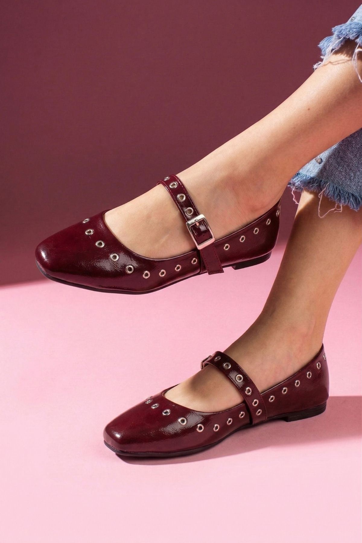 Vento Bordo Cilt Gümüş Halka Detaylı Tokalı Kemer Bantlı Babet