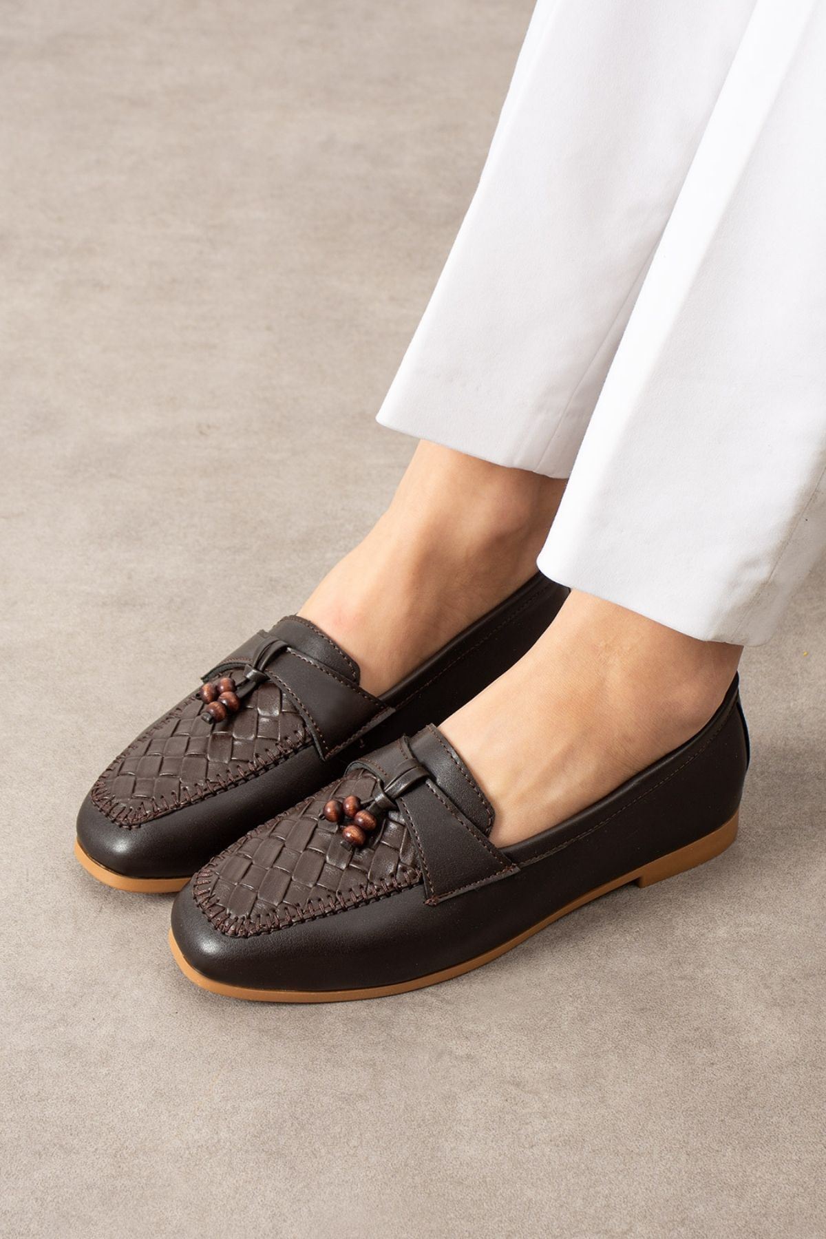 Novera Kahverengi Örgü Dikiş Saraçlı Boncuk Püsküllü Loafer Babet Günlük Ayakkabı