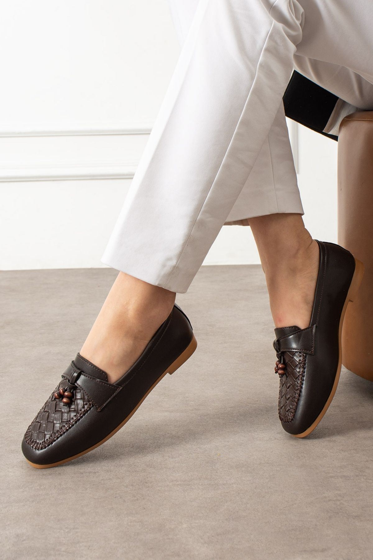 Novera Kahverengi Örgü Dikiş Saraçlı Boncuk Püsküllü Loafer Babet Günlük Ayakkabı