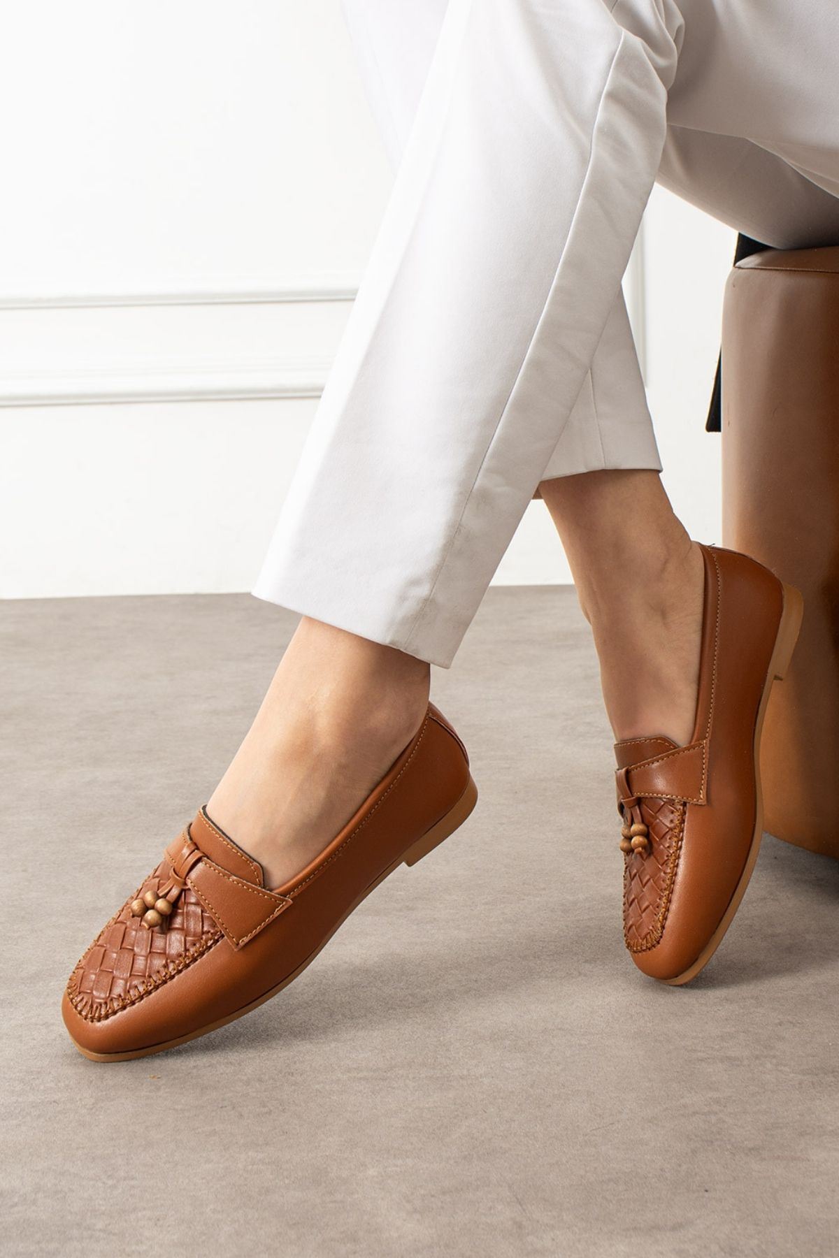 Novera Taba Örgü Dikiş Saraçlı Boncuk Püsküllü Loafer Babet Günlük Ayakkabı