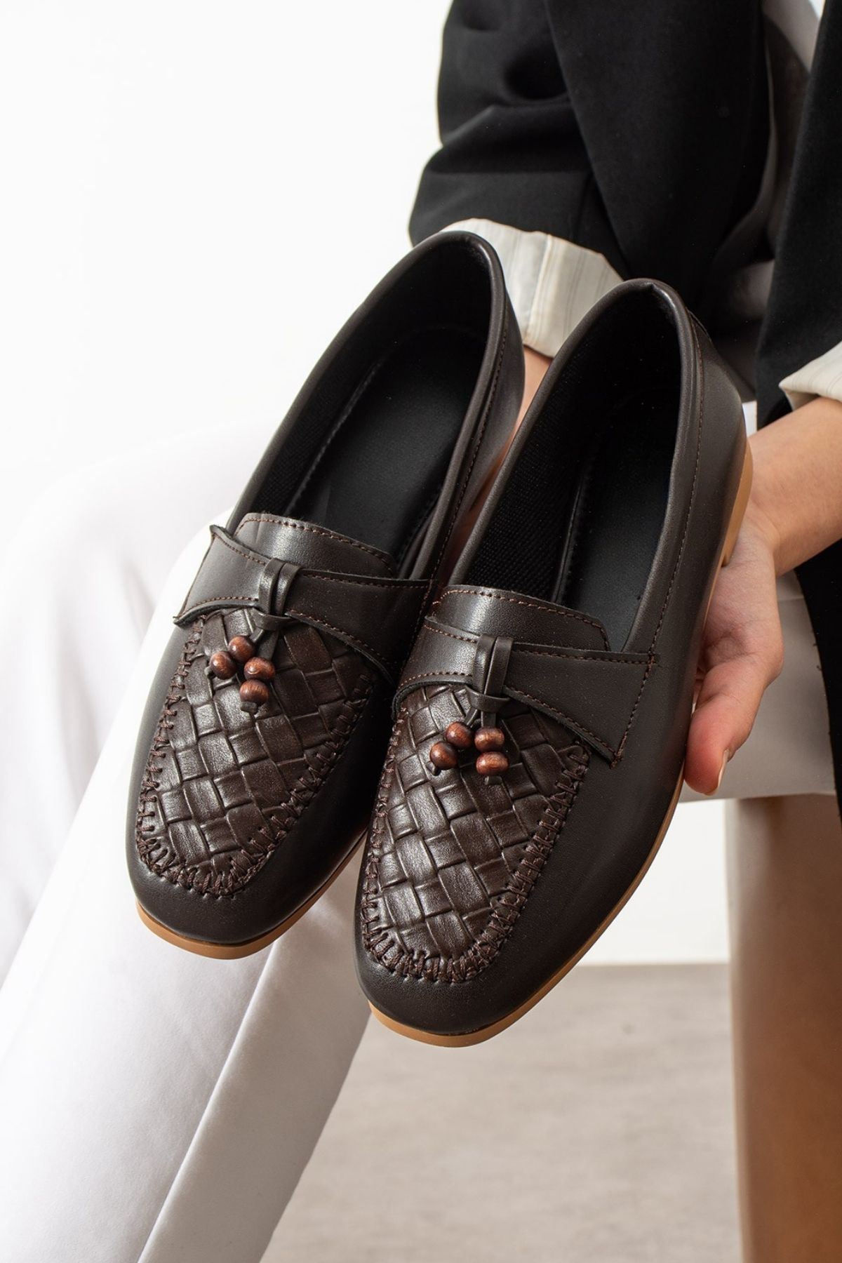 Novera Kahverengi Örgü Dikiş Saraçlı Boncuk Püsküllü Loafer Babet Günlük Ayakkabı