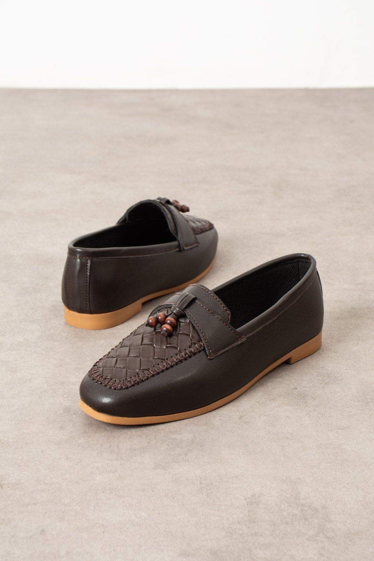 Novera Kahverengi Örgü Dikiş Saraçlı Boncuk Püsküllü Loafer Babet Günlük Ayakkabı