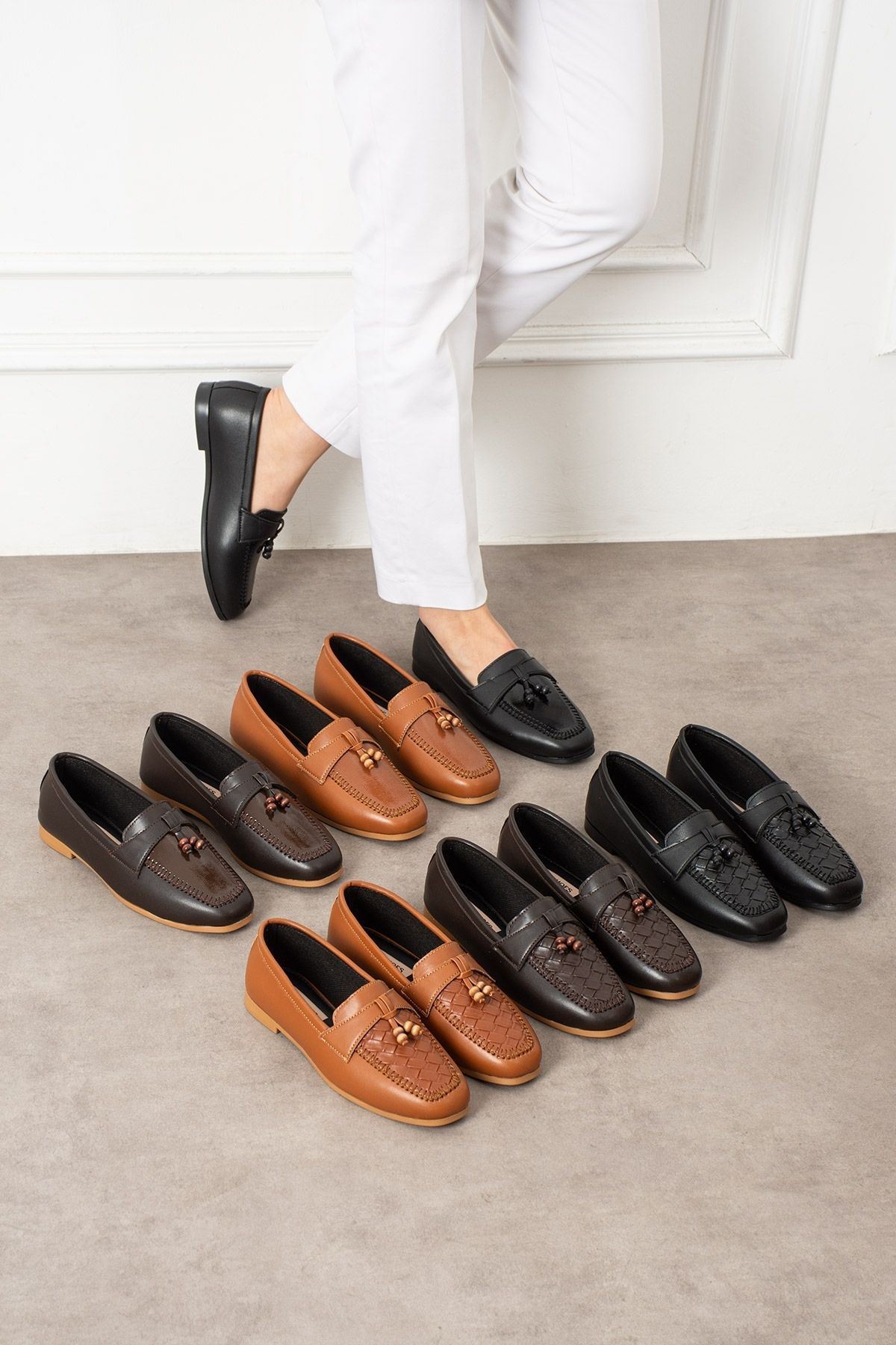 Novera Kahverengi Örgü Dikiş Saraçlı Boncuk Püsküllü Loafer Babet Günlük Ayakkabı