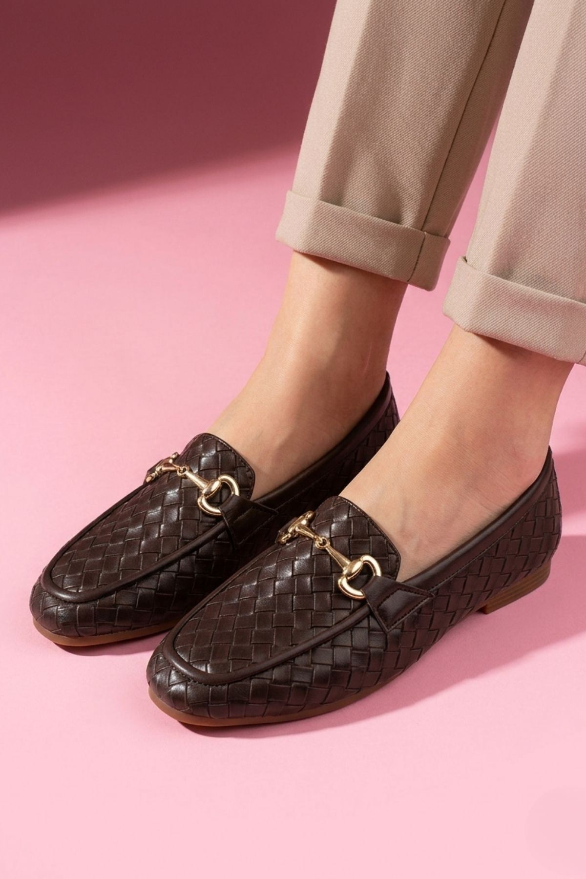 Pielza Kahverengi Örgü Dokulu Metal Tokalı Kadın Loafer Babet Günlük Ayakkabı 