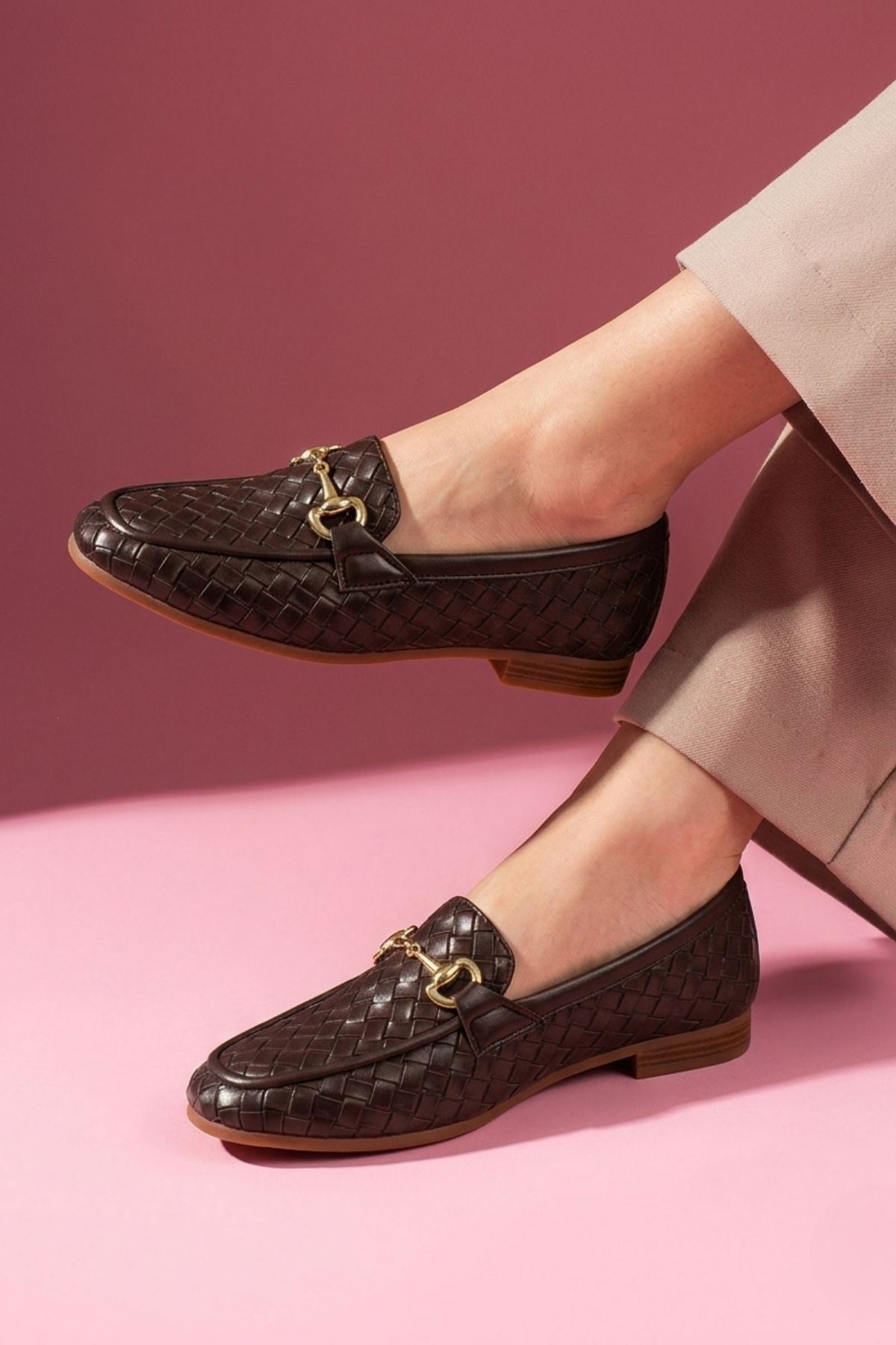 Pielza Kahverengi Örgü Dokulu Metal Tokalı Kadın Loafer Babet Günlük Ayakkabı 