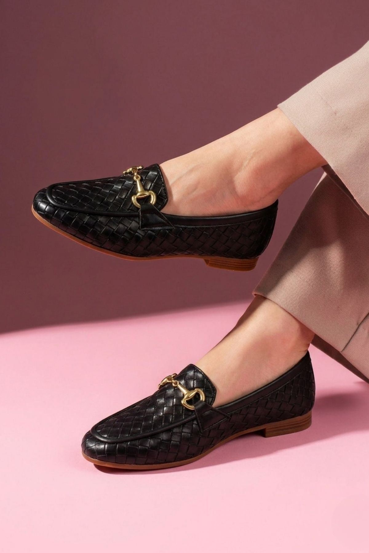 Pielza Siyah Örgü Dokulu Metal Tokalı Kadın Loafer Babet Günlük Ayakkabı