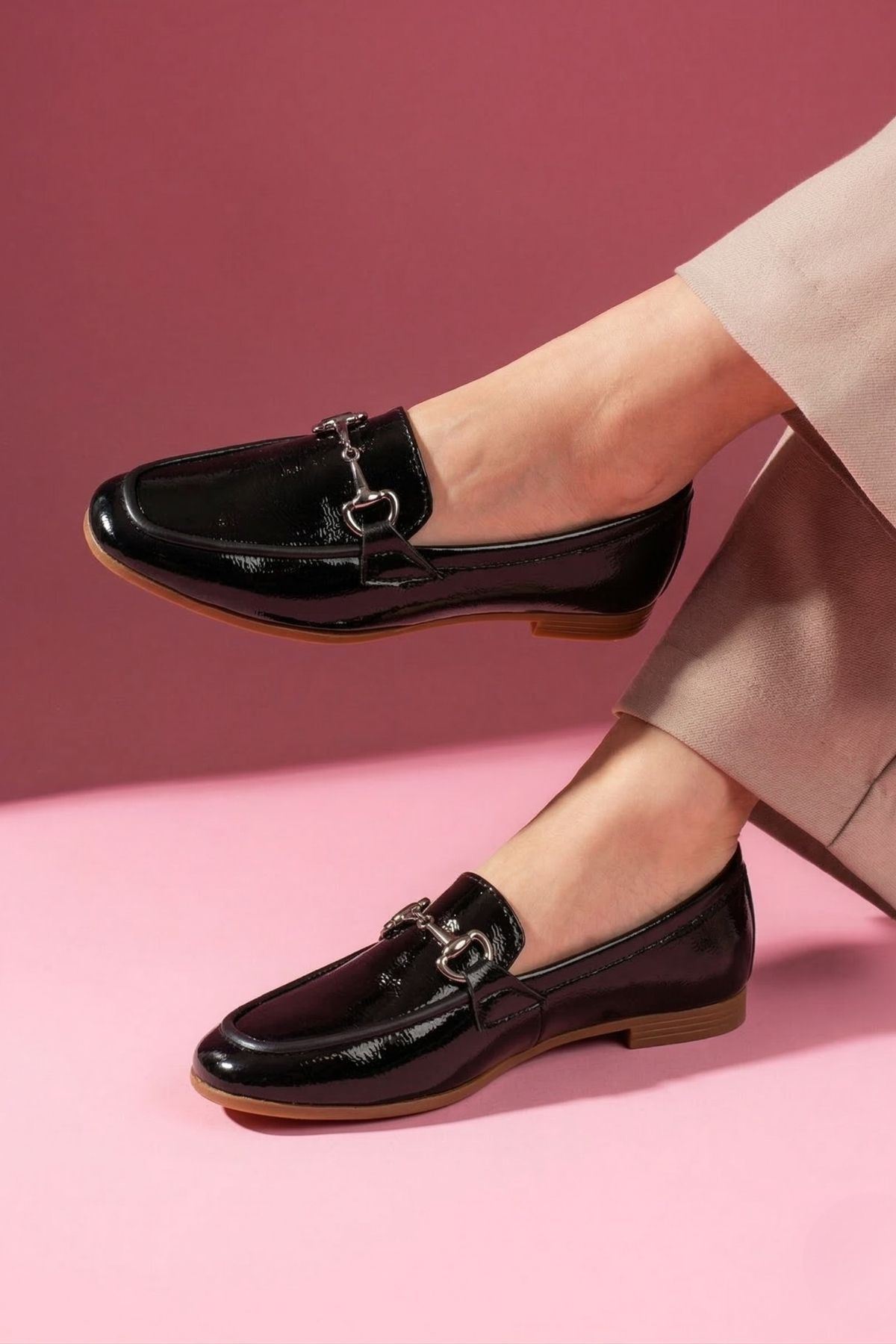 Rakuel Siyah Kırışık Rugan Kadın Loafer Babet Günlük Ayakkabı