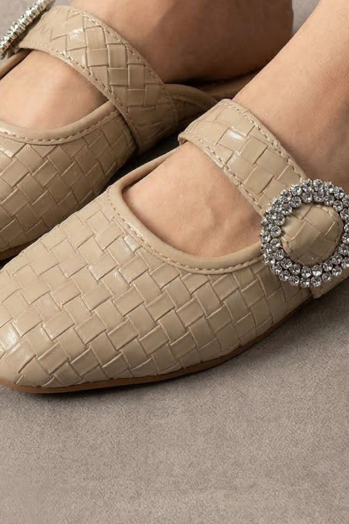 Nordy Vizon Örgü Dokulu Taş Tokalı Şık Günlük Model Kadın Terlik