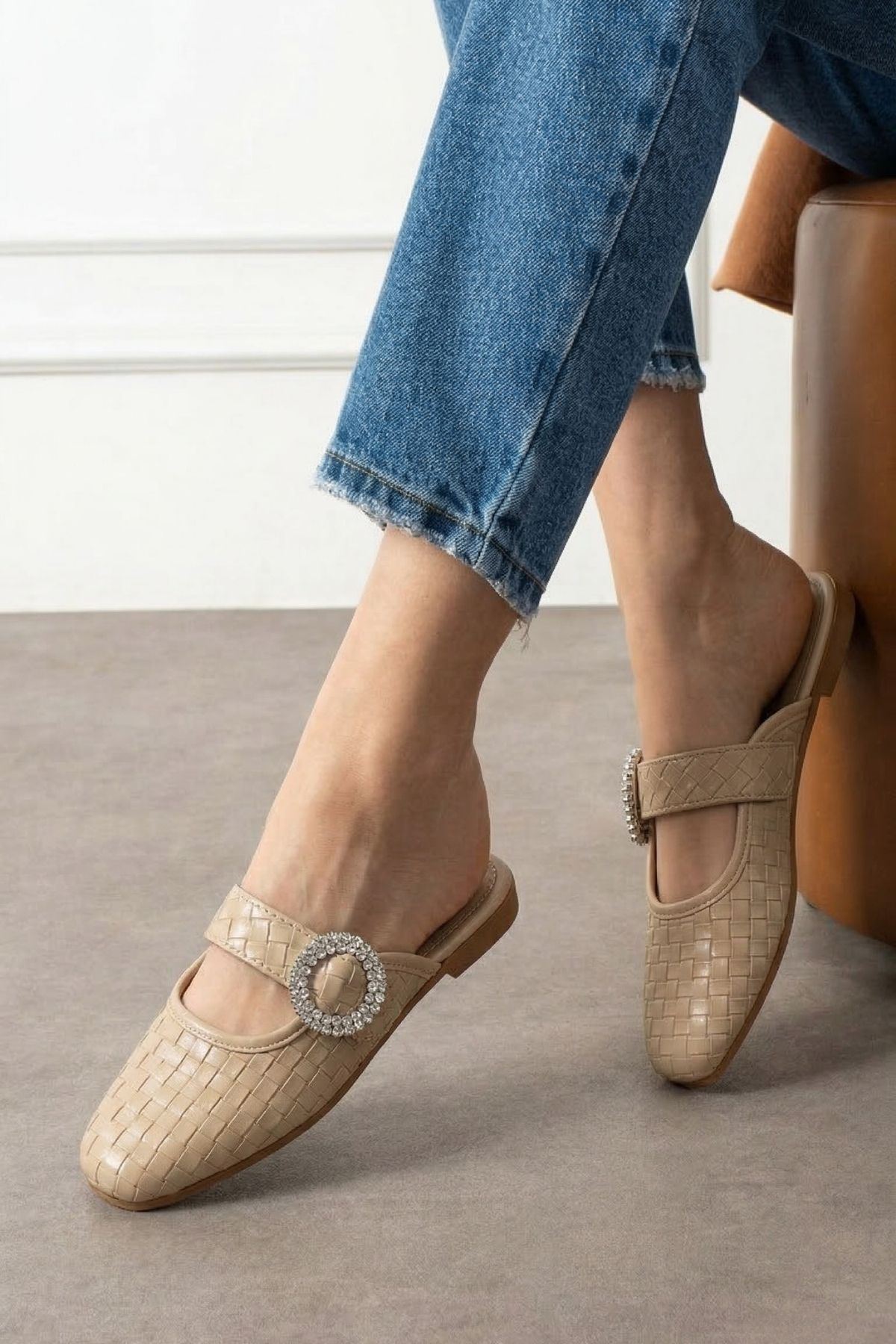 Nordy Vizon Örgü Dokulu Taş Tokalı Şık Günlük Model Kadın Terlik