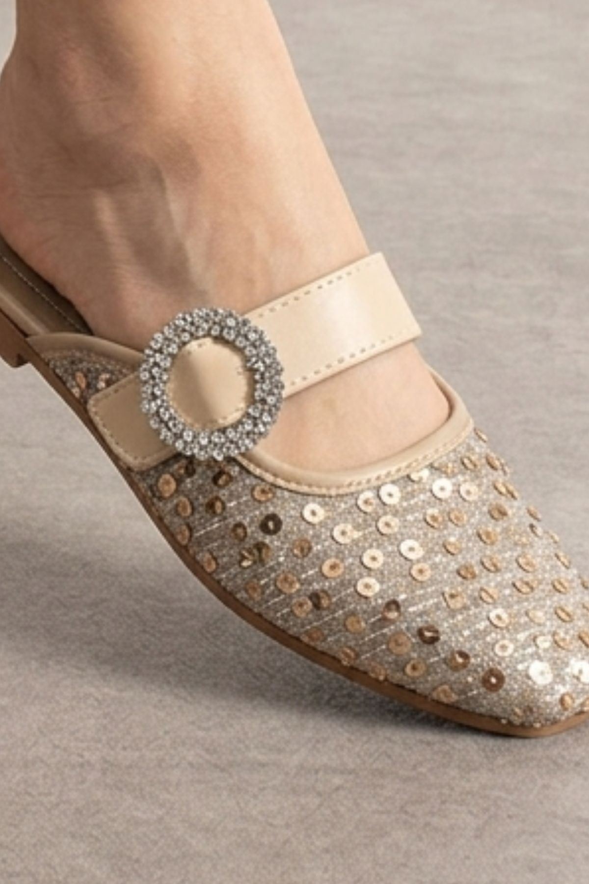 Falcon Bej Payetli Taş Tokalı Şık Günlük Model Kadın Terlik